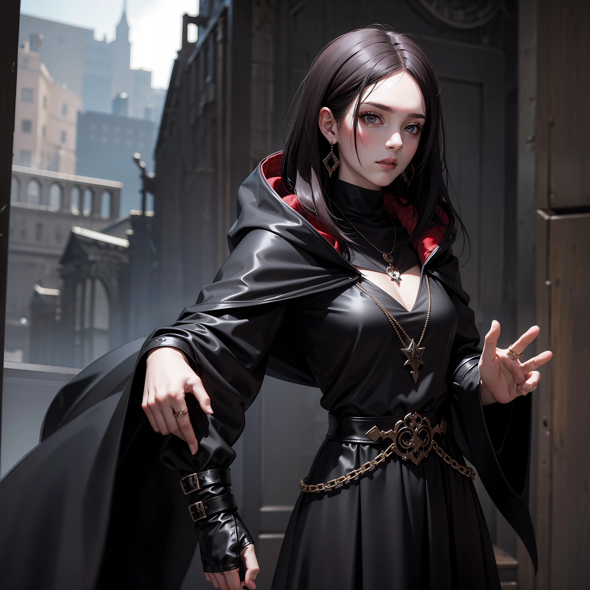 Gothic dark tunic black red hair black leather beautiful earrings cloak hood 4k symbol maga necklace elegant crowd