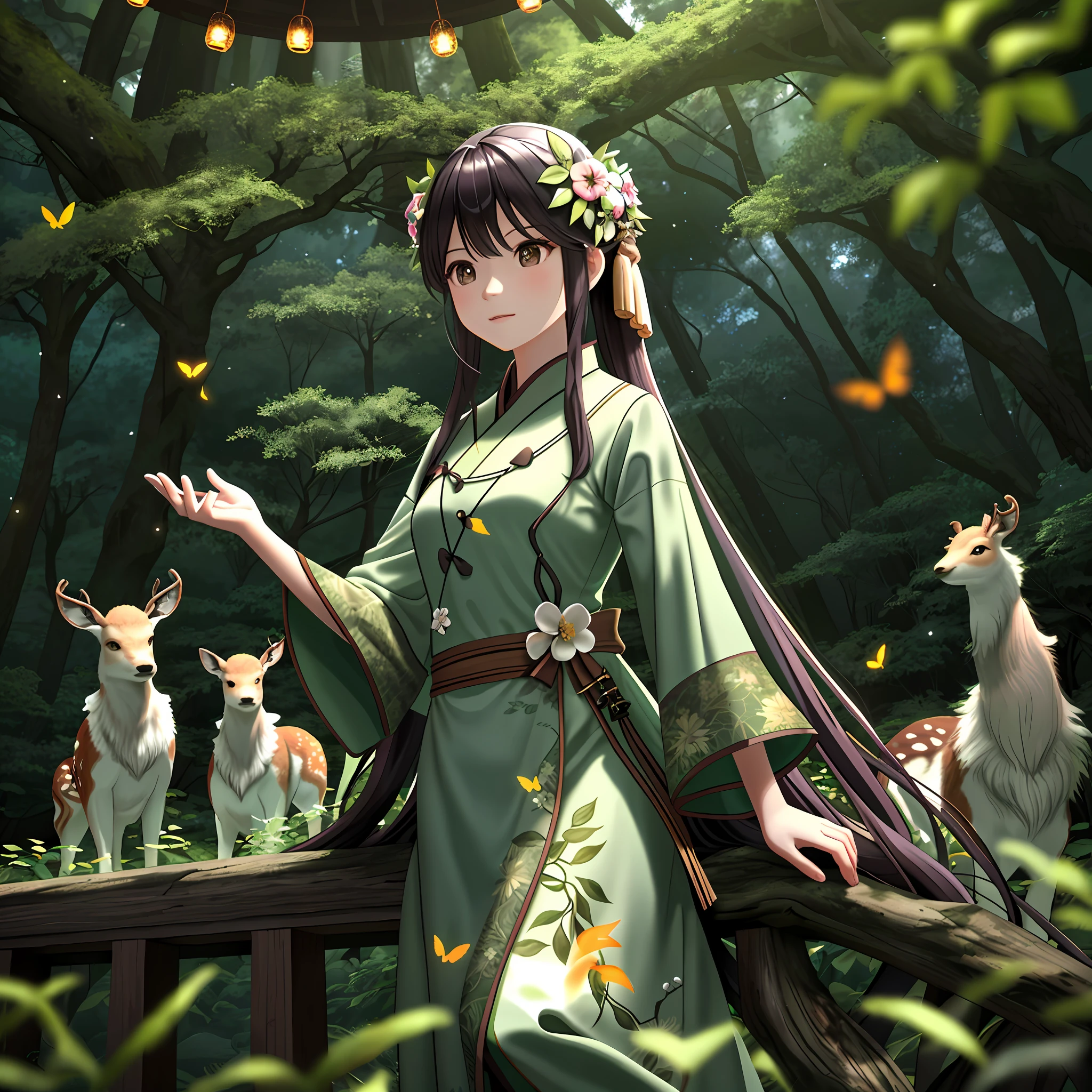 tmasterpiece，Best quality at best，（非常详细的 CG 统一 8k 壁纸），（Best quality at best），（The best illustrations），（The best shadow），glowing sprites，There is a glowing deer，Fawn drinking water in the pool，Natural elements in the forest theme。Mysterious Forest，Beautiful forest，great outdoors，Surrounded by flowers，Delicate leaves and branches are surrounded by fireflies（nature elements），（Jungle theme），（Foliage），（tree branch），（glowworm），（Particle effect）and other 3D， Octane rendering，Ray traching，Super meticulous