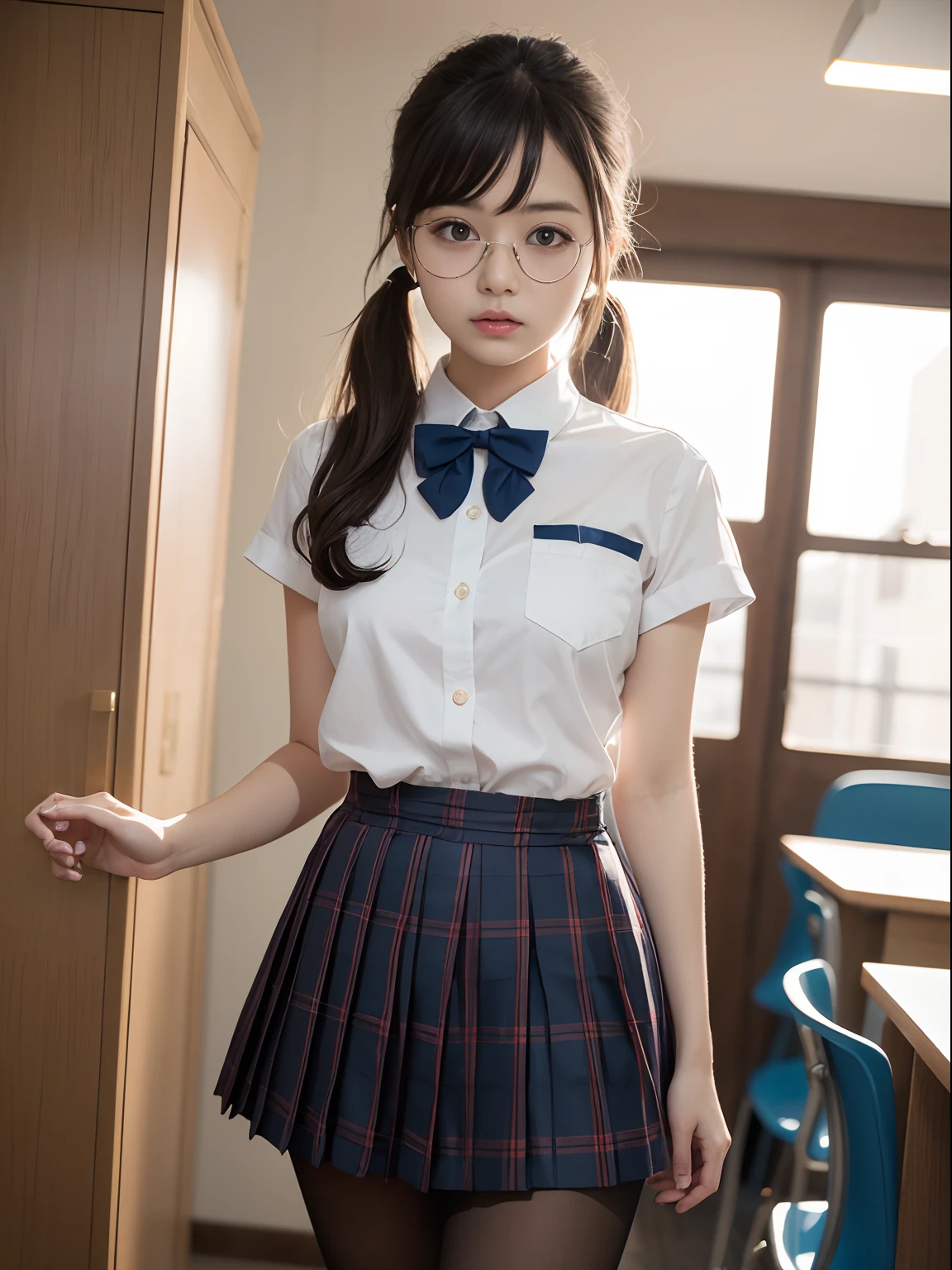 ((school uniform)),ribbon at neck,(school uniform and ((Plaid navy skirt)) and white shirt:1.1), Skin color, big , smile, (8k, RAW Photos, Highest quality, masterpiece:1.2), masterpiece, super detailed, super high quality, (Realistic and Realistic photography:1. 37), High-resolution RAW color photos, Very delicate and beautiful, highly detailed, 8k壁紙, wonderful, detailed, Very eye, very detailed, very detailed skin, very thin fingers, very detailed nose, very detailed mouth, Perfect Anatomy, Upper Body, studio, Soft lighting, A full-body shot of a cute idol wearing a one-piece swimsuit, Playful pose, Hands on hips, smile, Pastel Background, Realistic, Attention to detail, studio photography