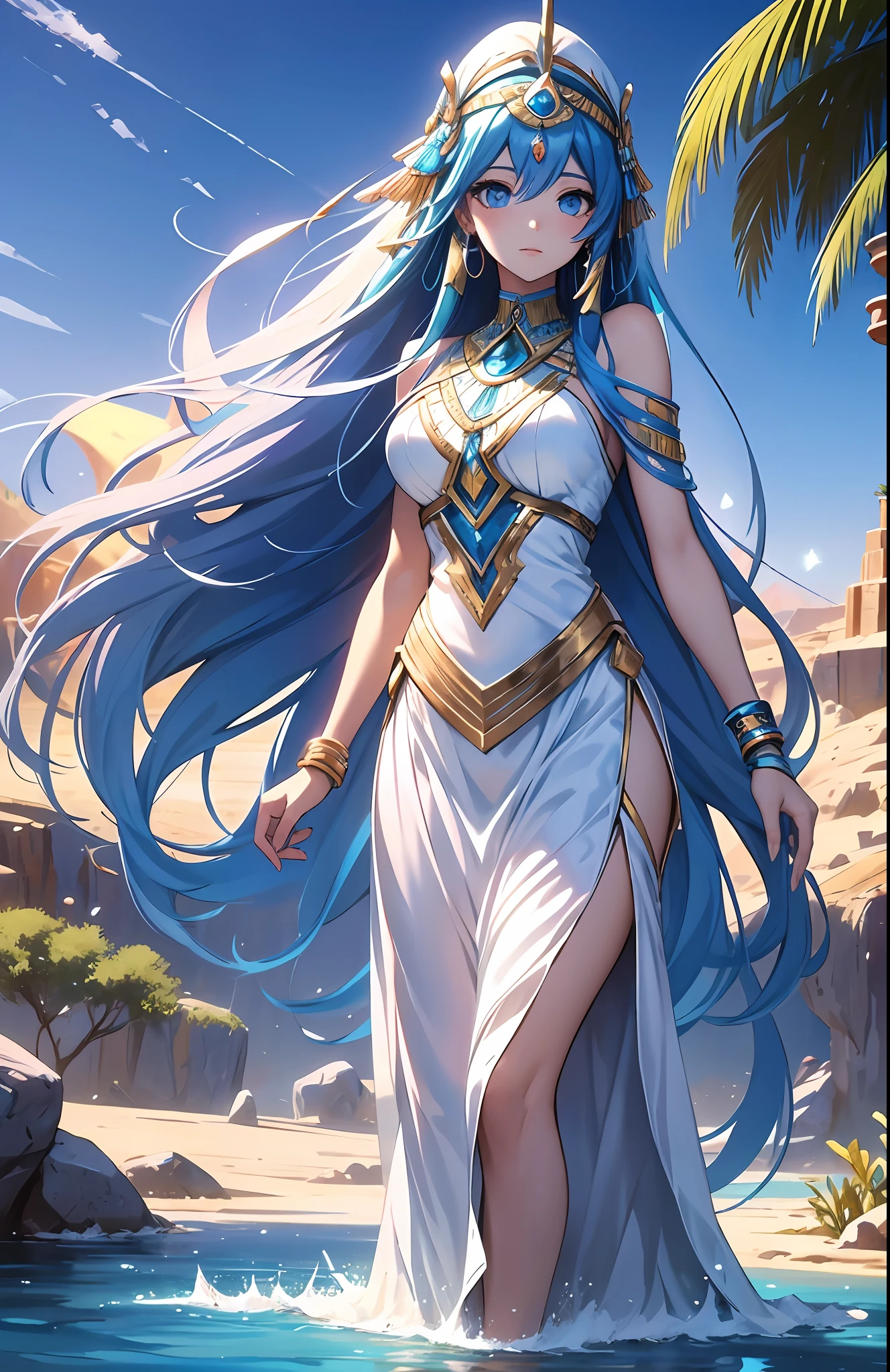 best qualityer，tmasterpiece，Ultimate resolution，downy，Extremely colorful，Colorful，Oasis background，Ancient Egyptian woman，Long azure hair，a matural female，Long white dress in Egyptian style，a white long skirt，Treading water，Desert oasis，Nile River，Normal posture