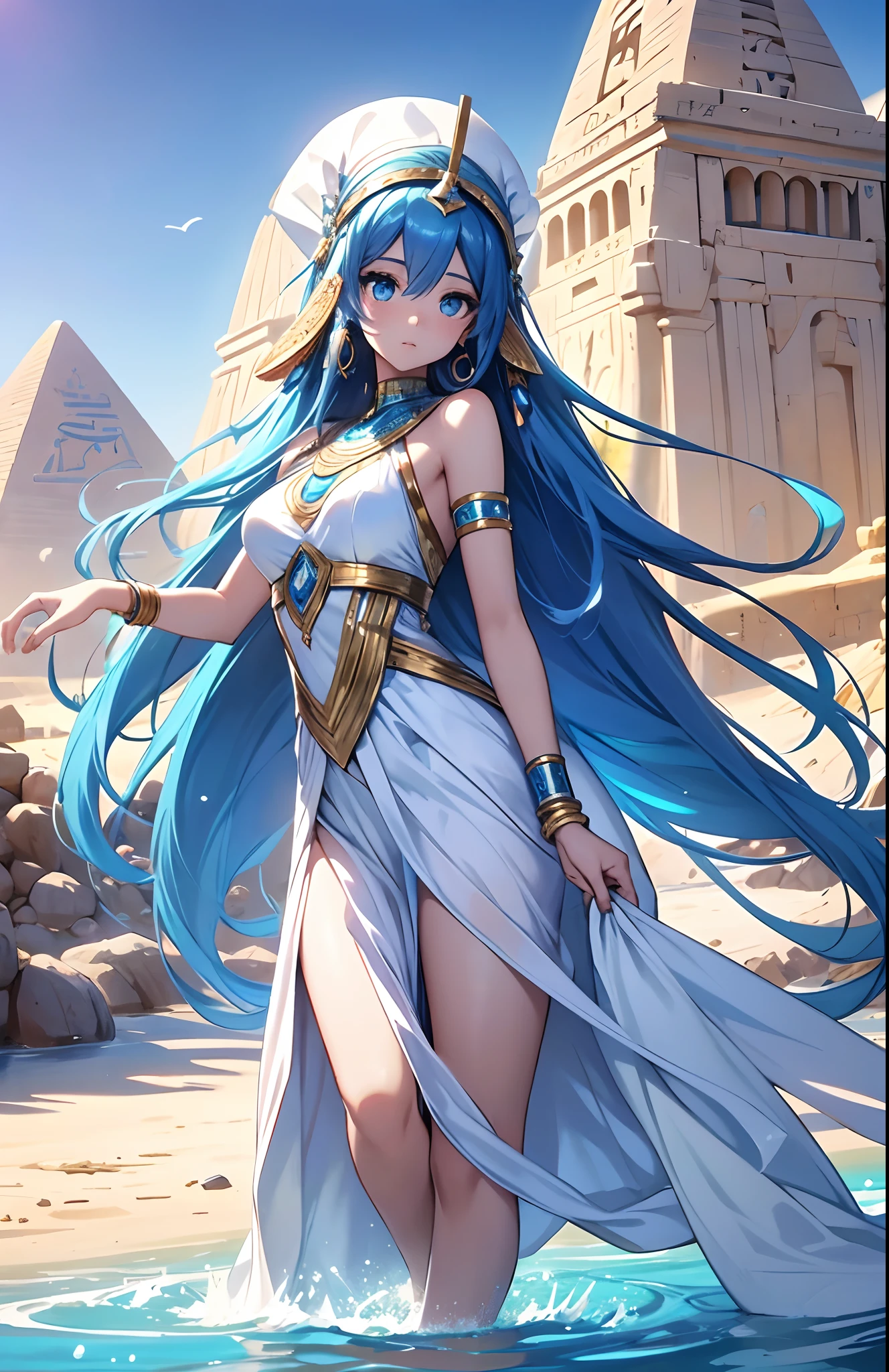 best qualityer，tmasterpiece，Ultimate resolution，downy，Extremely colorful，Colorful，Oasis background，Ancient Egyptian woman，Long azure hair，a matural female，Long white dress in Egyptian style，a white long skirt，Treading water，Desert oasis，Nile River，Normal posture