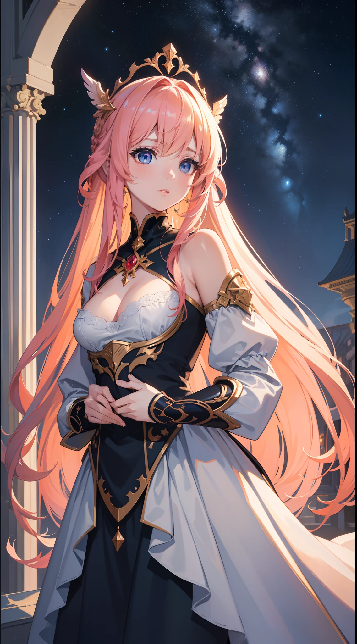 ((masterpiece)), ((best quality)), ((illustration)), extremely detailed,style girl, long shot, small breast,light grey very_long_hair, scifi hair ornaments, beautiful detailed deep eyes, beautiful detailed sky, beautifuldetailed water, cinematic lighting, dramatic angle, (very long sleeves), frills, formal, close to viewer, (an extremely delicate and beautiful),best quality,highres,official art,extremely detailed CG unity 8k wallpaper,  ((starry sky)), star river,array stars, Holy, noble, ((oil painting)) , ((wallpaper 8k CG)), (realistic), Concept Art, vary blue and red and orange and pink hard light, intricate light, dynamic hair, haircut, dynamic fuzziness, beautiful and aesthetic, intricate light, manga and anime