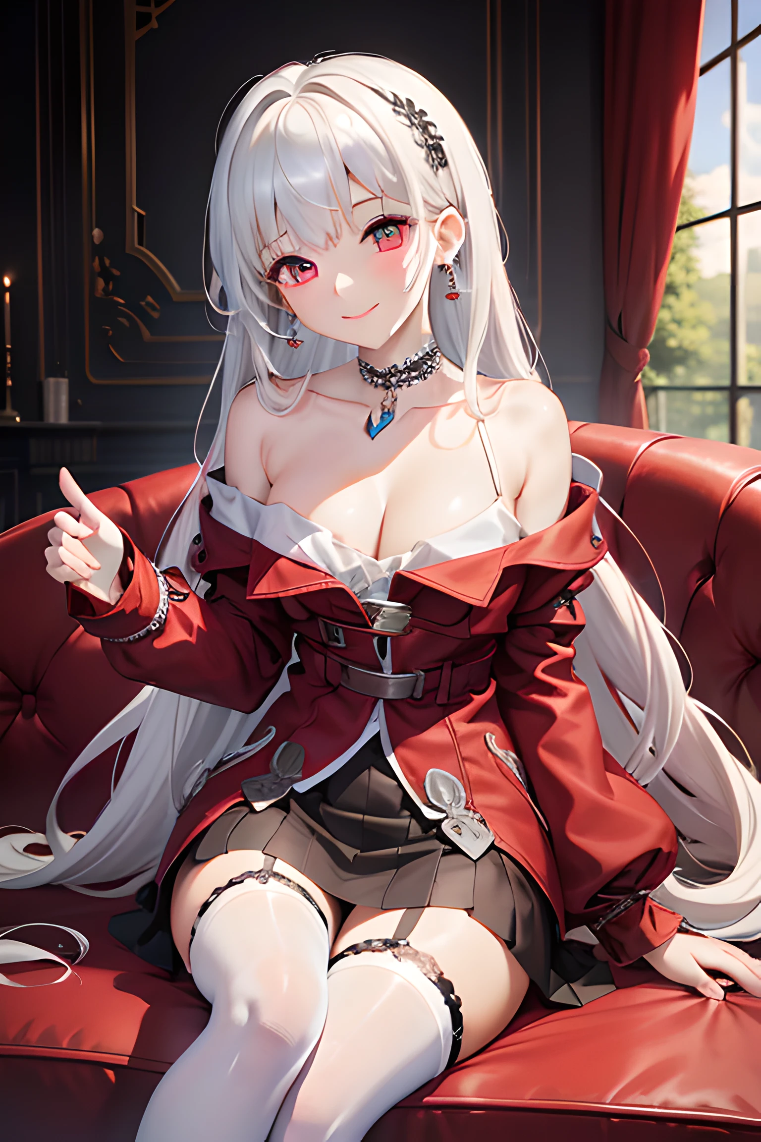 tmasterpiece,k hd,good quality, 1girll, Extremely detailed,High-end living room,sitting in the couch, Extremely delicate big eyes, Honkai,klara with huge breasts,Lori huge breasts cleavage,(Small breasts, Silvery-white hair。choker necklace,Earrings, Drill hair, black short skirt,White stockings with lace,Small leather shoes,angle of view,Light red blouse,Pay attention to arm details, Finger details, Shy, Smiling, Blushing, Perfect hands, Depth of field