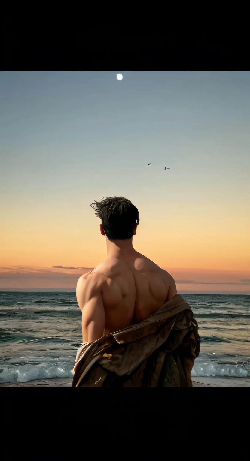 Arafeld man standing on the beach,Carrying a towel over his shoulder, Aikout Edodou Eric Zena, eric zener aykut aydogdu, male art, looking out at a sunset, hd phone wallpaper, looking at the ocean, beach surreal photography, phone wallpaper hd, proud looking away, Shirtless, watching the sunset, Wallpaper phone