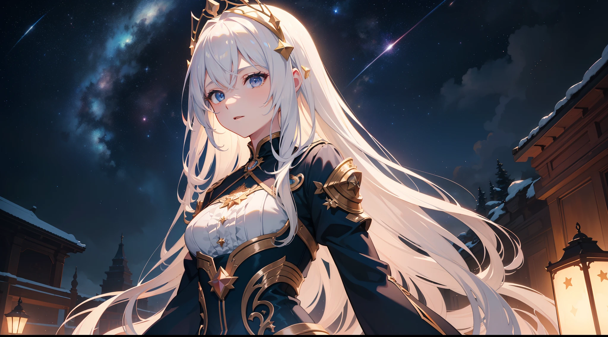((masterpiece)), ((best quality)), ((illustration)), extremely detailed,style girl, long shot, small breast,light grey very_long_hair, scifi hair ornaments, beautiful detailed deep eyes, beautiful detailed sky, beautifuldetailed water, cinematic lighting, dramatic angle, (very long sleeves), frills, formal, close to viewer, (an extremely delicate and beautiful),best quality,highres,official art,extremely detailed CG unity 8k wallpaper,  ((starry sky)), star river,array stars, Holy, noble, ((oil painting)) , ((wallpaper 8k CG)), (realistic), Concept Art, vary blue and red and orange and pink hard light, intricate light, dynamic hair, haircut, dynamic fuzziness, beautiful and aesthetic, intricate light, manga and anime