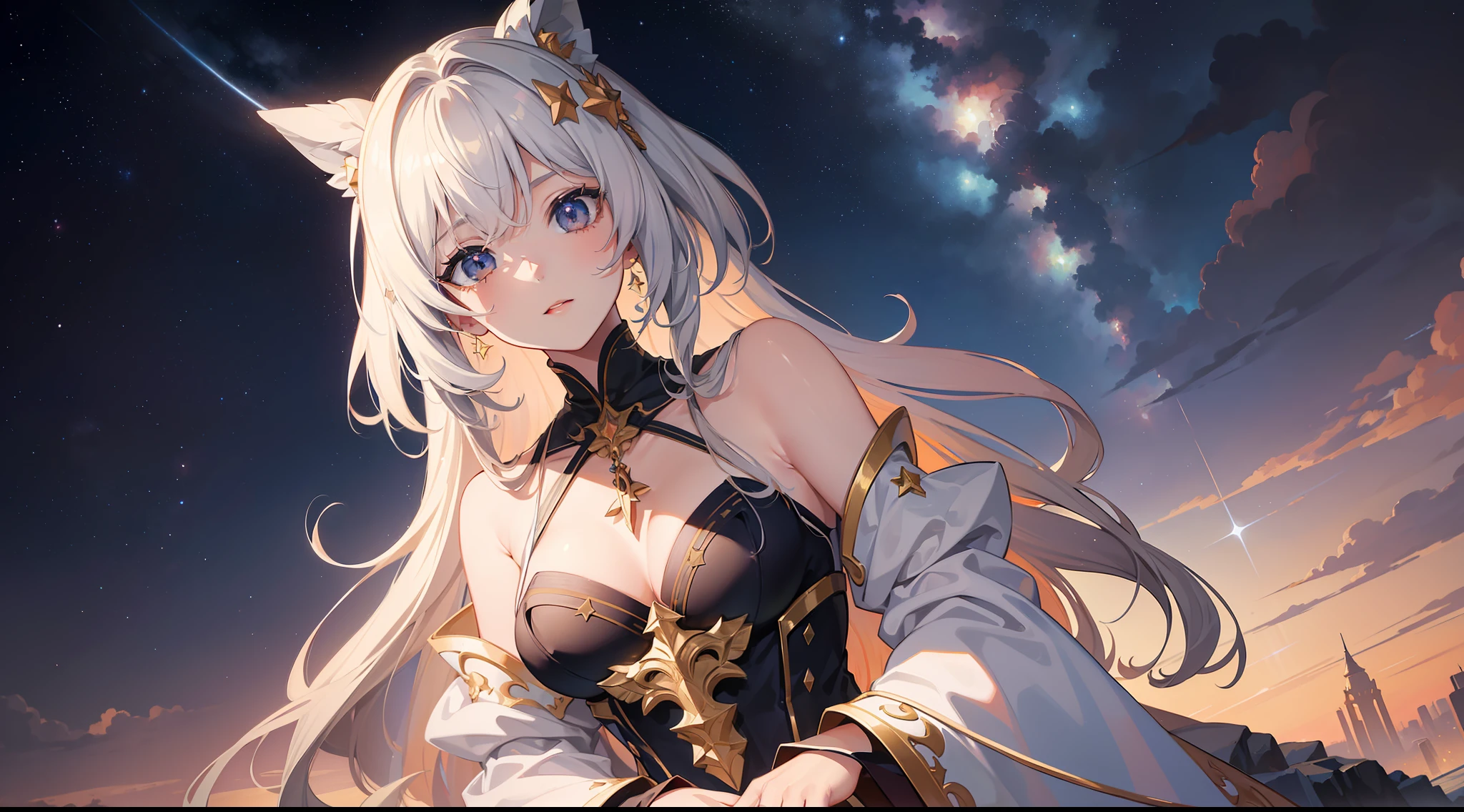 ((masterpiece)), ((best quality)), ((illustration)), extremely detailed,style girl, long shot, small breast,light grey very_long_hair, scifi hair ornaments, beautiful detailed deep eyes, beautiful detailed sky, beautifuldetailed water, cinematic lighting, dramatic angle, (very long sleeves), frills, formal, close to viewer, (an extremely delicate and beautiful),best quality,highres,official art,extremely detailed CG unity 8k wallpaper, ((starry sky)), star river,array stars, Holy, noble, ((oil painting)) , ((wallpaper 8k CG)), (realistic), Concept Art, vary blue and red and orange and pink hard light, intricate light, dynamic hair, haircut, dynamic fuzziness, beautiful and aesthetic, intricate light, manga and anime