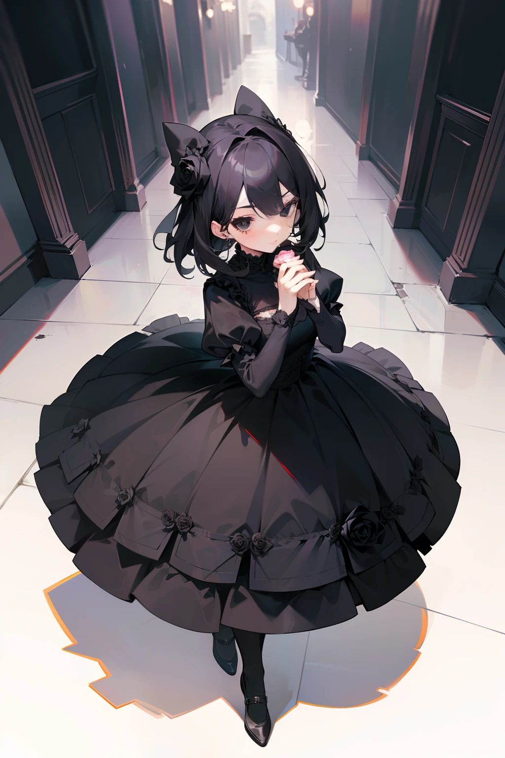 (Need,tmasterpiece), (1girll, Solo, blackdress, are standing, looking at viewert, black color hair, Black eyes, Roses in hand, The upper part of the body), streetview,seductiv