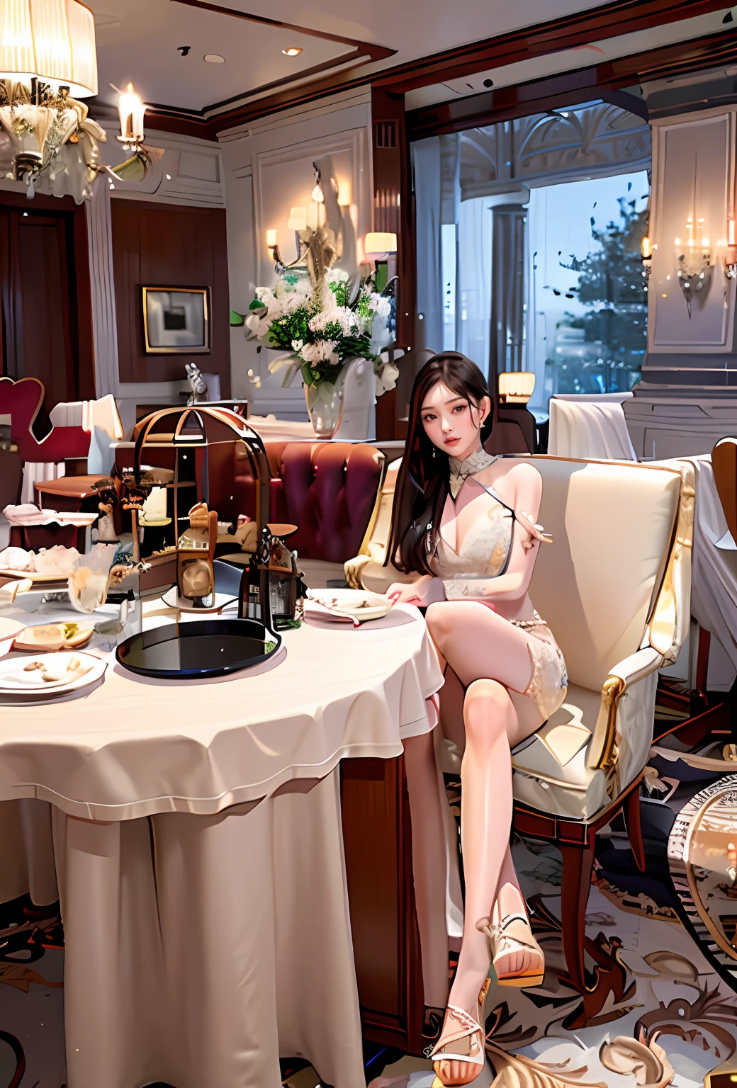 Aravi sat at the table，A glass of wine and a plate of food, sitting in fancy chair, Elegant and graceful, Gorgeous lady, luxurious environment, Classy and Elegant, mai anh tran, enjoying life!!! elegant, stunning elegant pose, Actress, author：Emma Andievska, wearing elegant outfits, Elegant lady, gemma chan beautiful girl