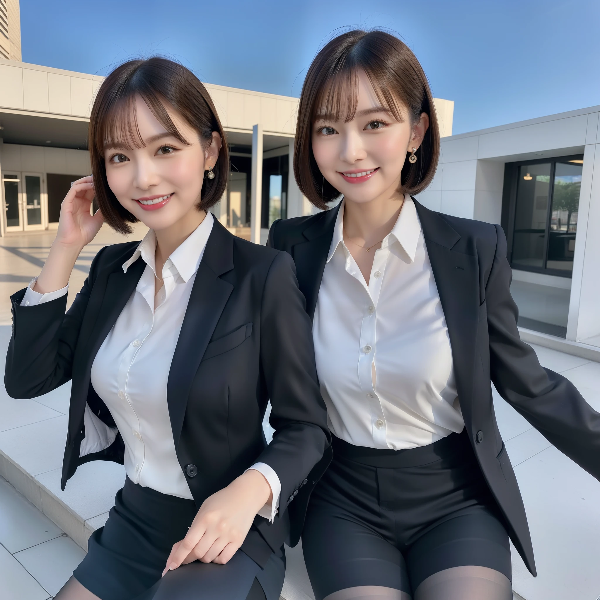 (8k, best quality, masterpiece: 1.2), (realistic, photo-realistic:1.37), ultra-detailed, 1 girl, full body, outdoor, (adjusting hair: 1.5) office lady, black officeblazer, office skirt, (pantyhose:1.2), (buttoneddownshirt shorts:1.2), buttonedupcollarprim, buttoneddowncollarprim, bra, (pantyhose:1.2), alphalayers, highheels, cute earrings, cute solo cute detailed sky, (smile:1.15), (mouth closed), small breasts, beautiful detailed eyes, business attire,  (short hair: 1.2), NovaFrogStyle floating hair,