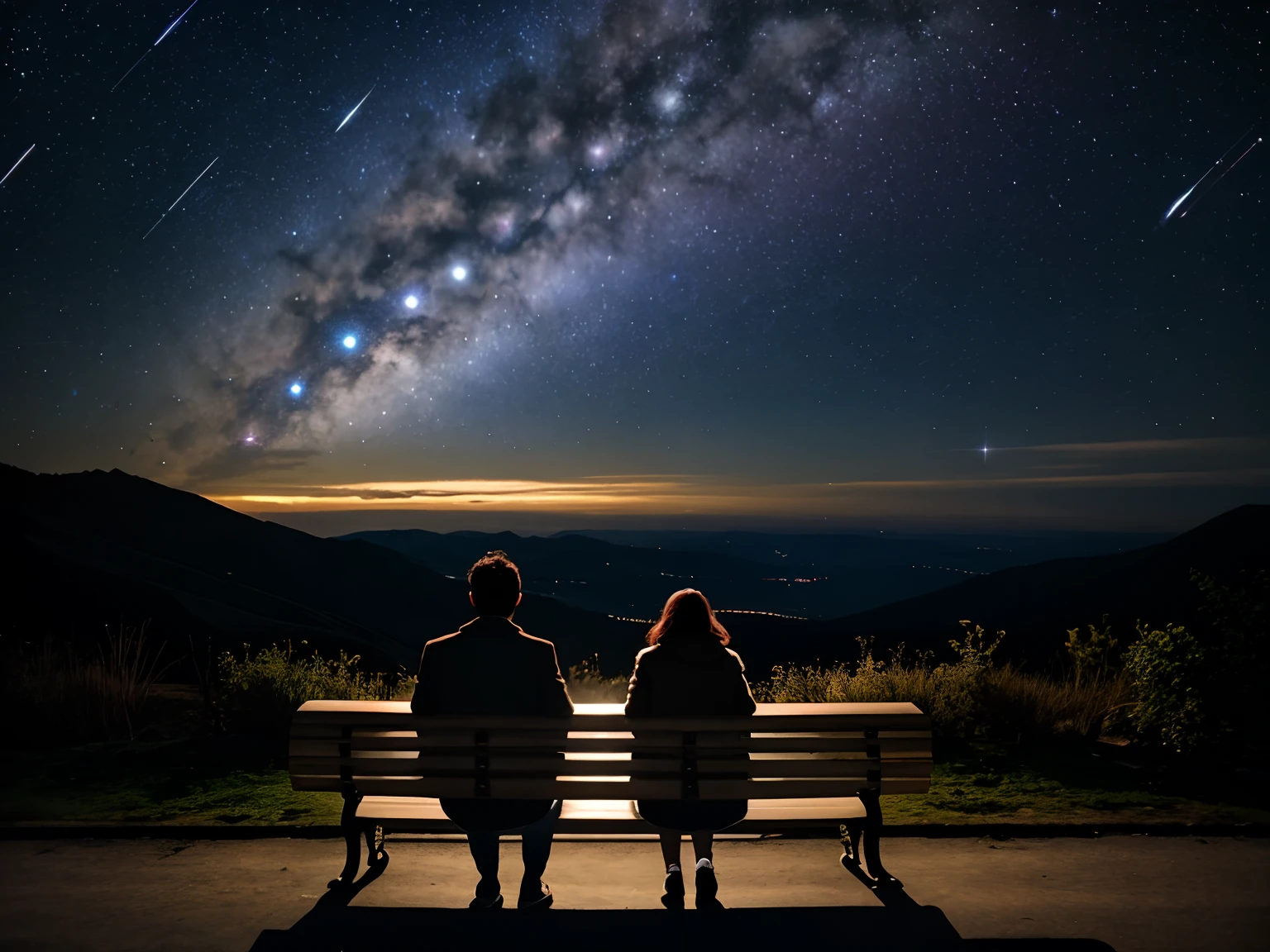 There are two people sitting on the benches of the universe, romantic couple, Romantic scene, looking at the stars, looking to stars, sitting on a bench, looking out into the cosmos, universe life significance, sitting on a bench, watching the stars, watching the stars at night, A mystical environment,