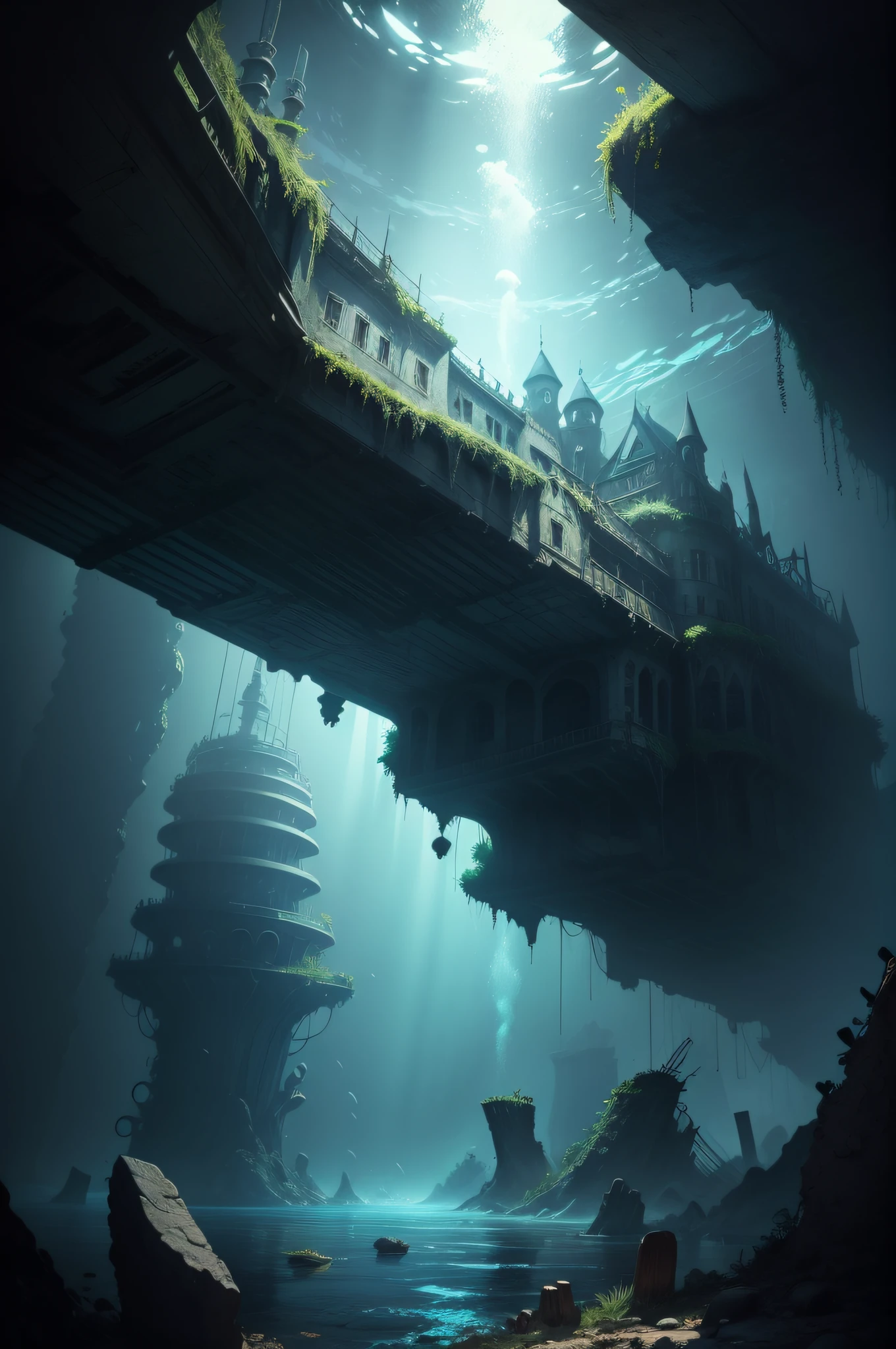 masterpiece, high resolution, background, from below, deep undersea as background, A ruined kingdom sunk to the bottom of the sea, in deep sea, fantasy, ripples,