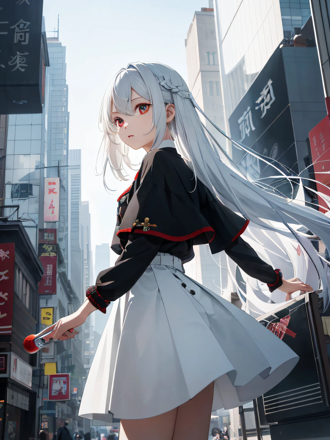 A high resolution,ultra - detailed,(1. Girl with white hair, red eyes, short skirt, long hair), sunder ,Create minimalist designs,with clean lines,Simple shape,Focus on composition and balance。 sunder ,Capture an agent of chaos,Has to disrupt order、The power to spread chaos and thrive in unpredictable situations。 sunder ,Capture low-light images,Lighting is minimal,And focus on the subtle details and atmosphere of the scene。 sunder ,Captures an urban cityscape,With towering buildings、Characterized by bustling streets and a vibrant atmosphere。 sunder ,Create a scene where children play,capturing their innocence、vibrancy、A sense of wonder and exploration。 sunder ,,With delicate lines、Flat colors and images inspired by patterns and compositions。