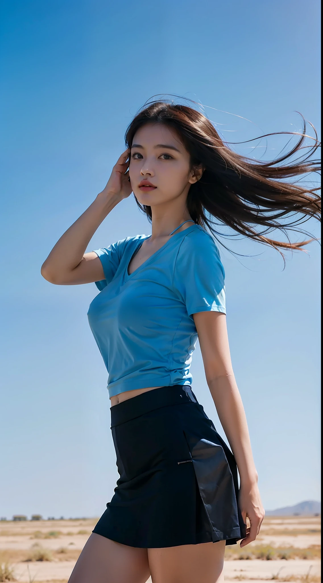 One wears blue short sleeves,Superskirt,huge tit,Beautiful young woman,v neck,Blowing the wind on the steppe,32K,Ultra-clear picture,The sky is clear,looks into camera,Savannah in the background