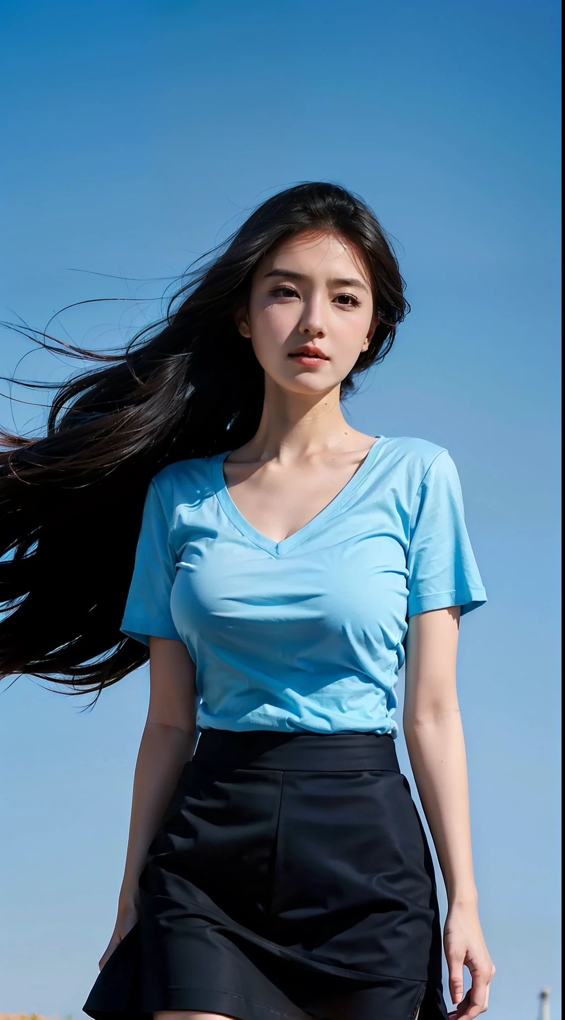 One wears blue short sleeves,Superskirt,huge tit,Beautiful young woman,v neck,Blowing the wind on the steppe,32K,Ultra-clear picture,The sky is clear,looks into camera,Savannah in the background