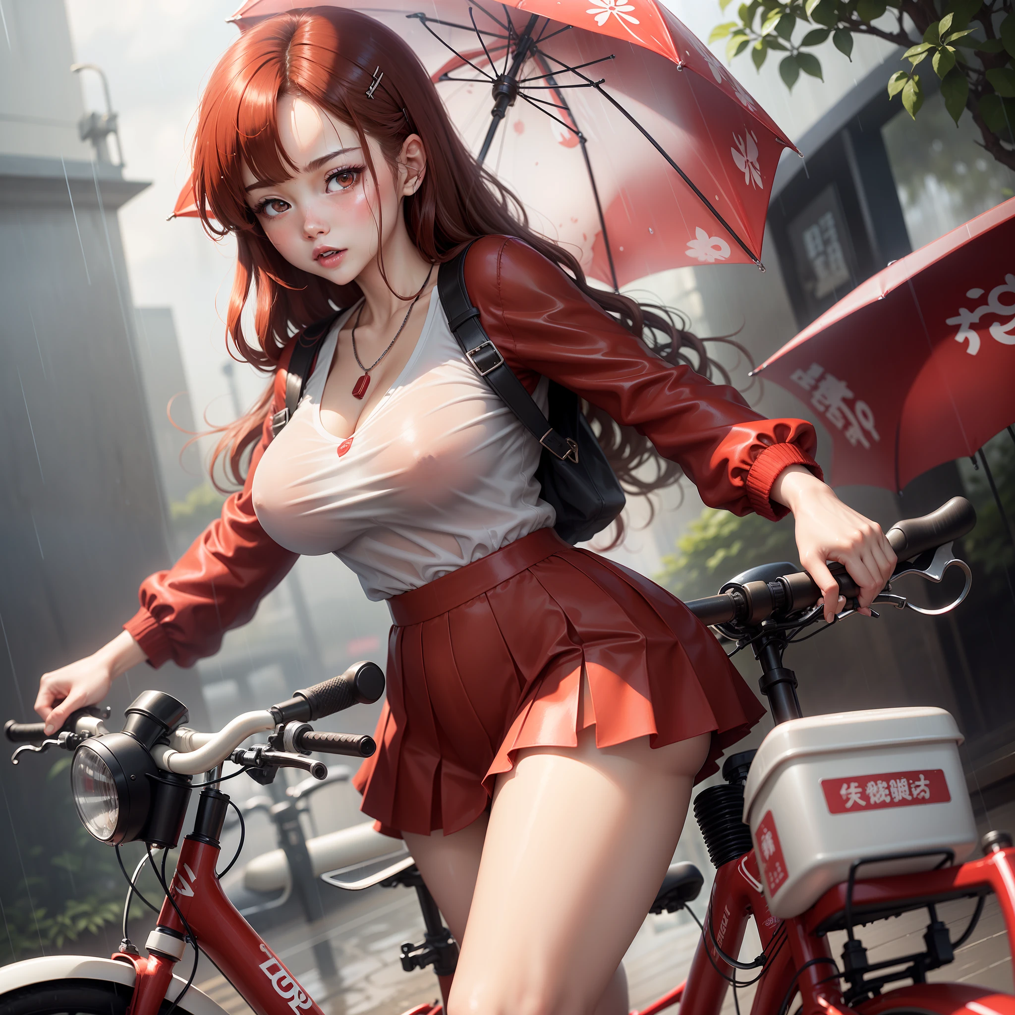 Girl in the rain、Reddening cheeks、((Red bike))、((riding bikes))、Gaze towards the viewer、heavy rain、Large full breasts、See-through sailor suit,Apply to chest when wet、short skirt、Girl in Japanese uniform and girl in the rain 、Treading a bike in the rain、florals、hair pin、a necklace、nipple piercing、Wet the body,depth of fields、Pointy red mouth、The short reddish-brown hair is moist and shiny,,,,,,,,,,,,,,,Red mouth,Black eyes、鎖骨、Beautiful fingers、Hourglass body、full-body portraits、loosen tie、Wet cute face、