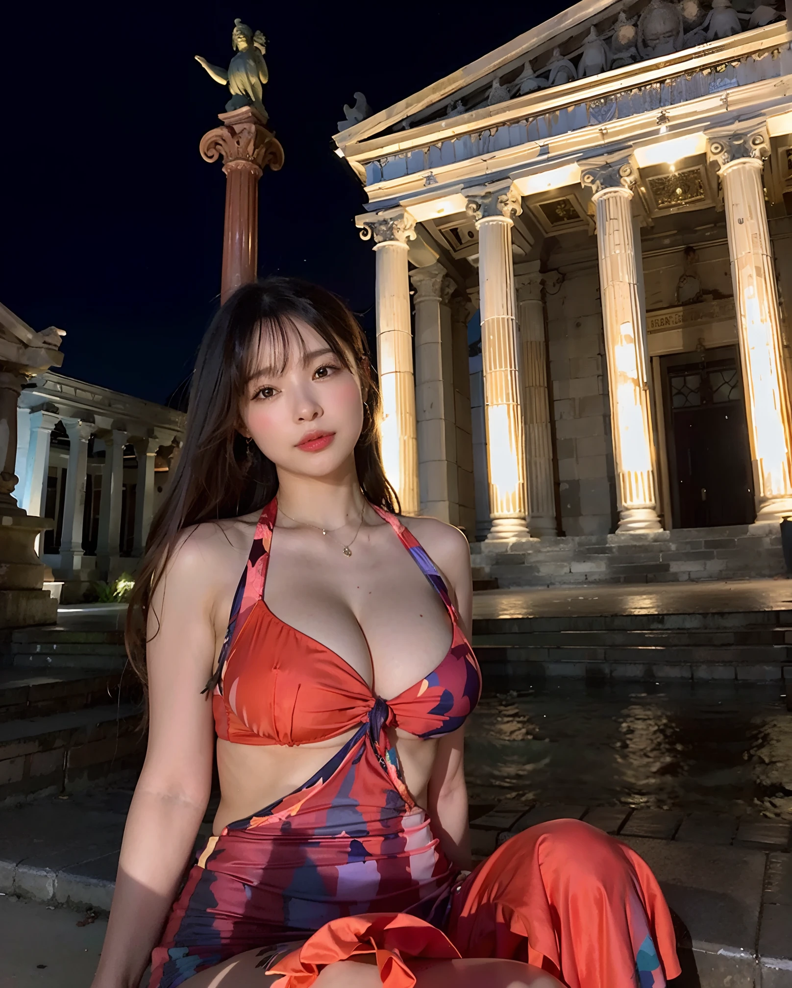 Arafed woman sitting on a stone step in front of a building, with beautiful exotic, deusa bonita, Meio rosa, wearing two - piece swimsuit, beleza de cair o queixo, julia sarda, Alina Ivanchenko, beleza de cair o queixo, olhar sexy, Viktoria Gavrilenko, Angelina Stroganova, in the sunset, com uma figura ao fundo
