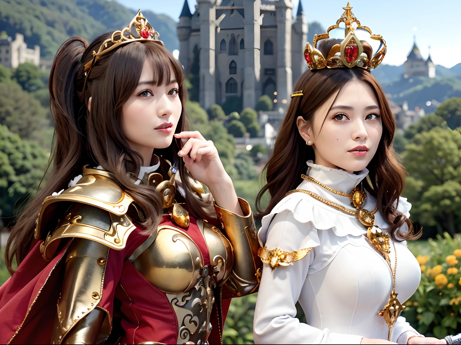 (masutepiece), Professional , masterpiece、top-quality、photos realistic , depth of fields (Gemstone Silver Metal Body:1.9),(Matte White、Jewel Gold Weapon、(Gorgeous castle background)、(Jewel Metal Body:1.4),Gorgeous Jewel Metal Weapons , Detailed Sword of the Brave ,( Soldier background in metal armor) ,warhammer 40k , adepta sororitas,Detail and ornate jewel crown、独奏、Brown hair、(Gangle's forest background)、Beautiful Caucasian beauty、1a person、dynamic ungle,(((Diamond tiara with detail and luxury)))、a small face、A smile、Powerful poses、(Gorgeous castle background)、huge filesize、20 year old beautiful woman、Stand in the center of the screen、Thin female fingers、Straight long hair、