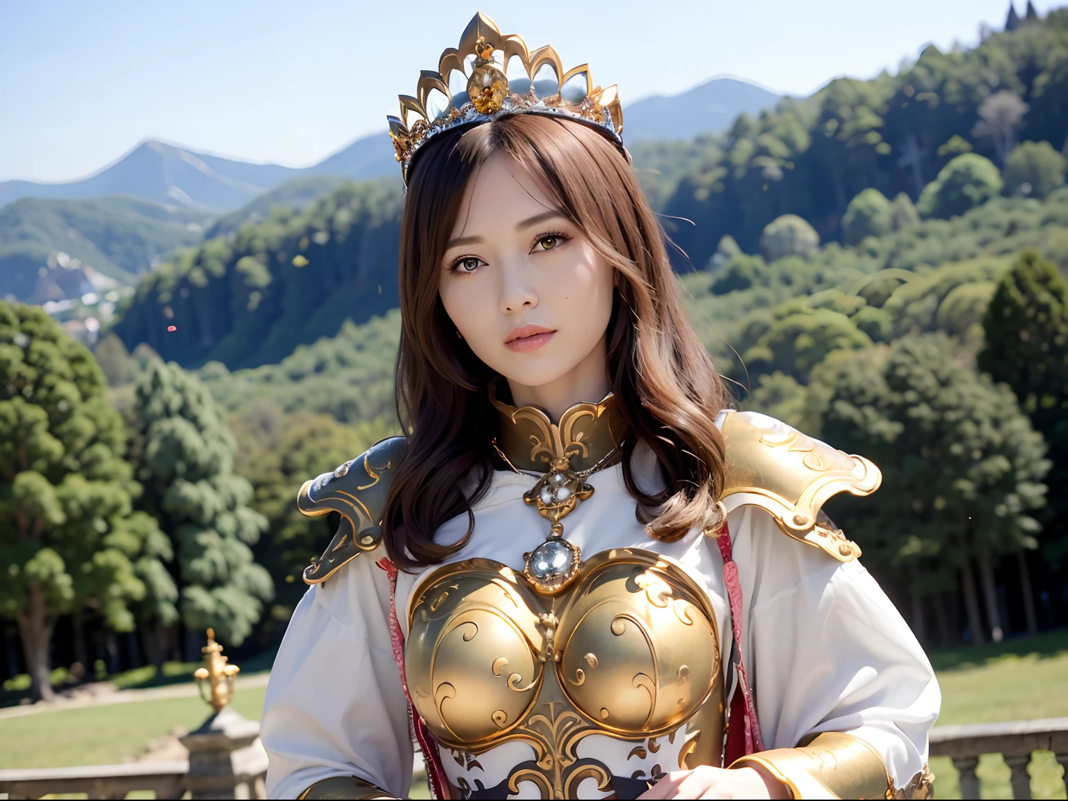 (masutepiece), Professional , ​masterpiece、top-quality、photos realistic , depth of fields （Gemstone Silver Metal Body:1.９),(Matte White、Jewel Gold Weapon、（Gorgeous castle background）、（Jewel Metal Body:1.４),Gorgeous Jewel Metal Weapons , Detailed Sword of the Brave ,（ Soldier background in metal armor）   ,warhammer 40k , adepta sororitas,Detail and ornate jewel crown、独奏、Brown hair、（Gangle's forest background）、Beautiful Caucasian beauty、１a person、dynamic ungle,(((Diamond tiara with detail and luxury)))、a small face、A smile、Powerful poses、（Gorgeous castle background）、huge filesize、20 year old beautiful woman、Stand in the center of the screen、Thin female fingers、Straight long hair、