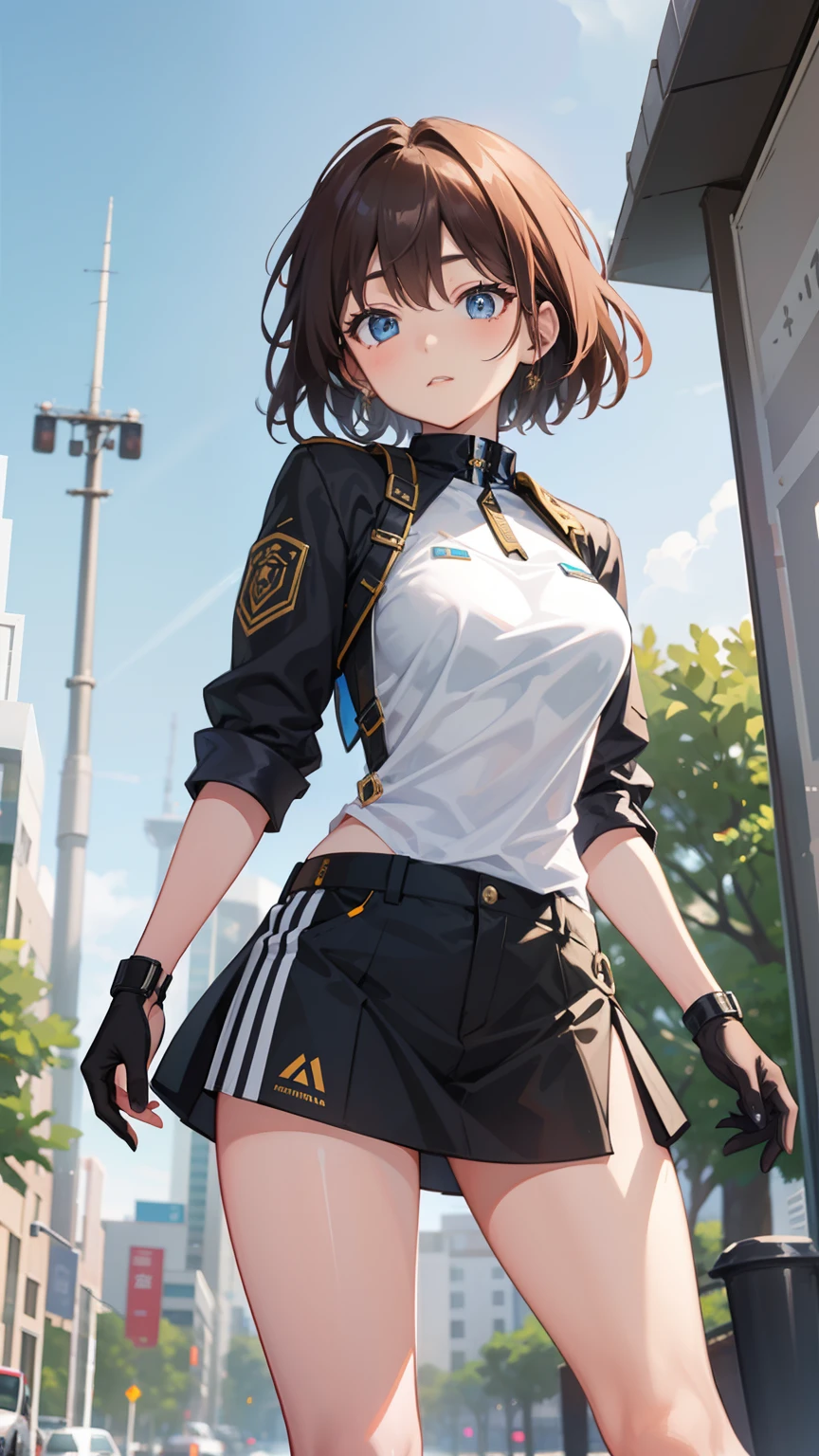 She is a girl from the future。Combat uniform with blue design on white background。