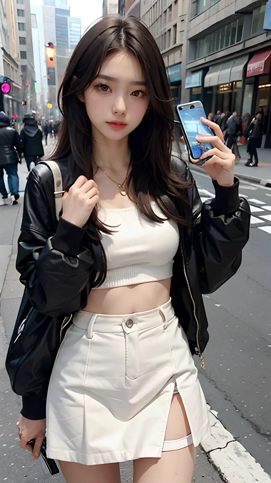 Beautiful woman, fiddling with cell phone in the middle of the street, short clothes