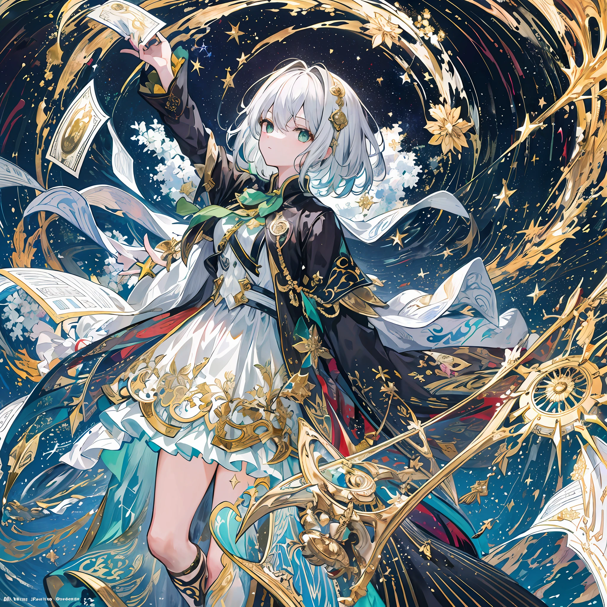 ((ultra - detailed)),((illustration)),((tmasterpiece)),(((Need))),((美丽细致的眼睛)),(the Extremely Detailed CG Unity 8K Wallpapers,best qualtiy,tmasterpiece),((4K,tmasterpiece,best qualtiy)),The girl with short white hair held a pitch-black scepter in her backhand,He held a handful of golden straw in his left hand,There is green liquid on the clothes,Alchemist,monocle,steam style,Black and gold high heels,Shuttling between frames,A can of alchemy floated beside him,Tarot cards fall from the sky,On his right hand hangs a black apple,Whole body diagram