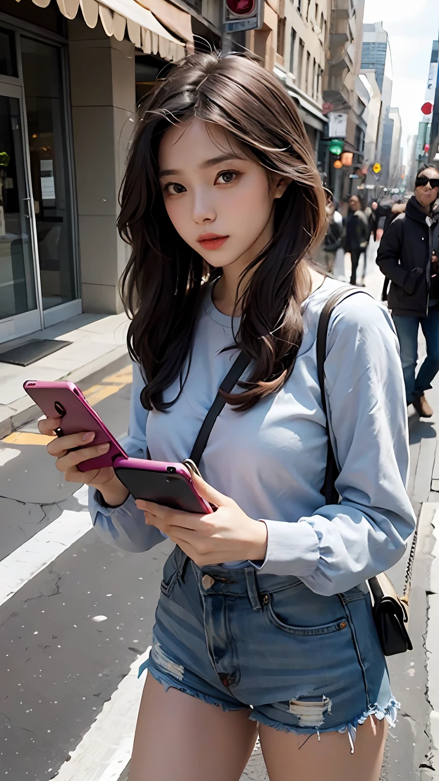 Beautiful woman, fiddling with cell phone in the middle of the street, short clothes