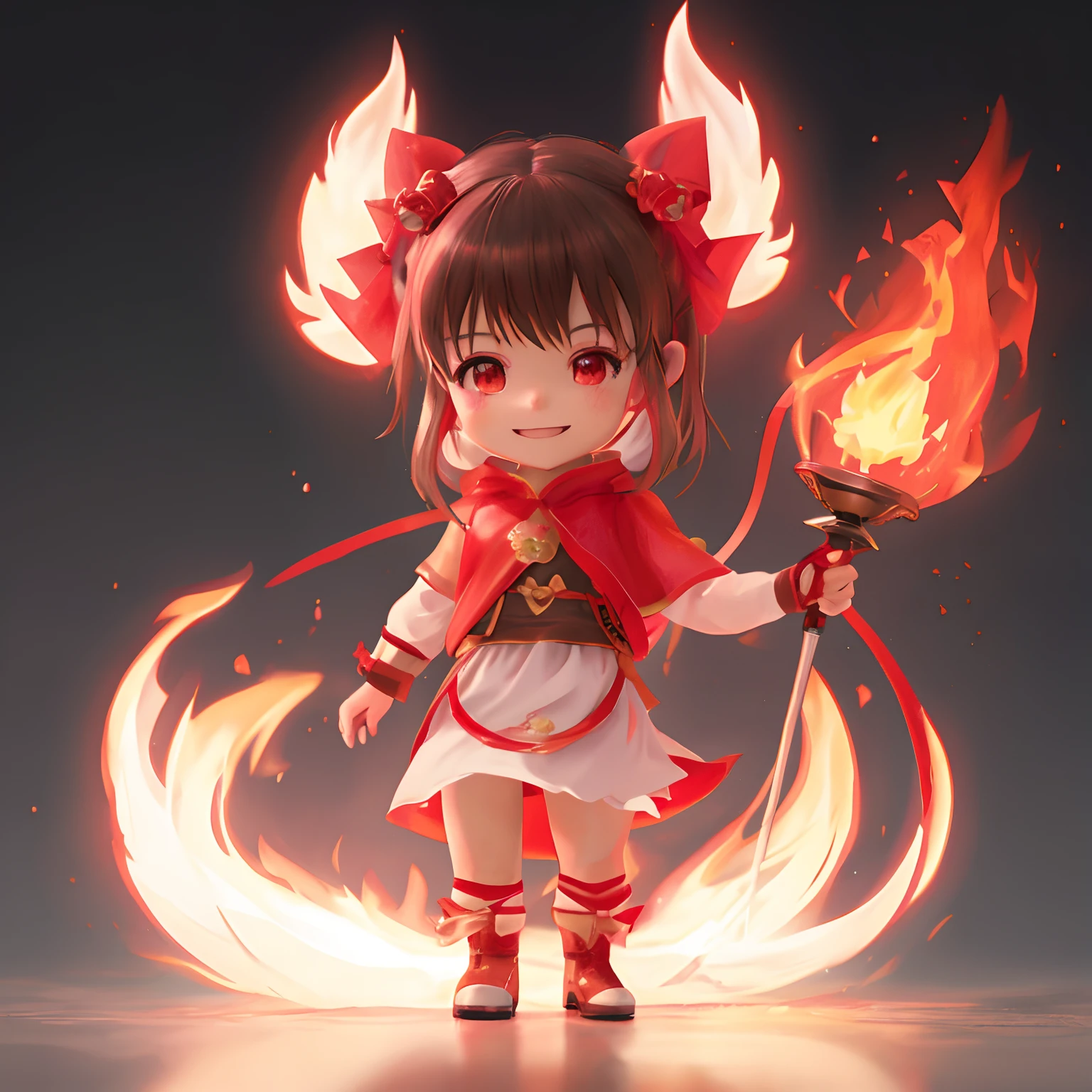Anime girl with red cape holding torch, render of a cute 3d anime girl, lovely digital painting, firemage, epic mage girl character, advanced digital chibi art, Cute detailed digital art, Small Fire Phlegm, Fire!! full bodyesbian, adorable digital art, cute 3 d render, , cute character, litth magical powers