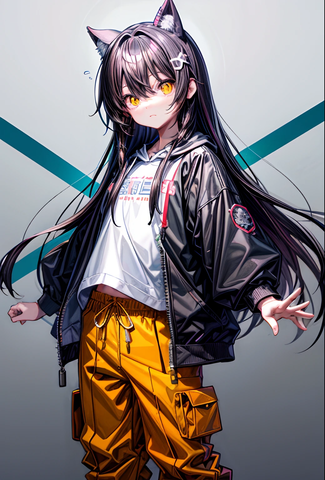 tmasterpiece、Flat background、Without background、full body Esbian、It's standing、1 rapariga、独奏、e Babrtle、oversized orange hoodie、tee shirt、7-point trousers、50mm portrait、Delicate facial features、Half realistic、foco nítido、The ultra-detailliert、absurderes、depth of fields、neonlight