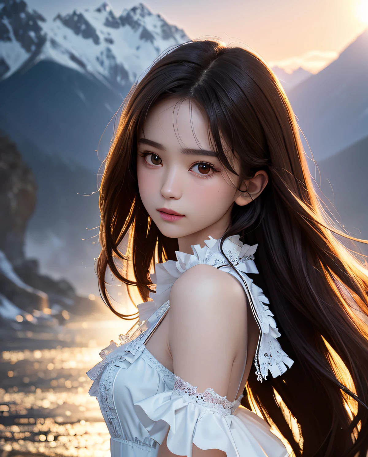 best quality, ultra hi res, photoreaslistic, a photography of a beautiful girl, detailed face, undressing, (detailed Cropped lace blazer with a lot of frills and ribbons), Mountain, (face close up), seductive look, looking at another, random background, Sofia,
Pure_Innocent_girl, pureerosface_v1, (upper body), pov, (((depth of field))), pale and lustrous skin, (small breasts), neon glow, random background, vivid,detailed, realistic, beautiful, stunning lighting, stunning reflections, sun rise, bokeh mood, very long hair,,