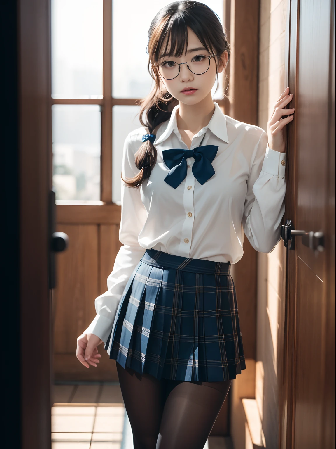 最high quality, 8K, Vibrant, Sharp focus, high quality, High resolution, (high school girl), (whole body), (Very slim and delicate body), Thin and beautiful legs, Thighs, Highly detailed eyes, Thick lips, Plump face, Collared shirt, Navy blue checkered long pleated skirt, Red bow tie, Braid, Glasses, A kind smile, Flat chest, Leaning forward, 