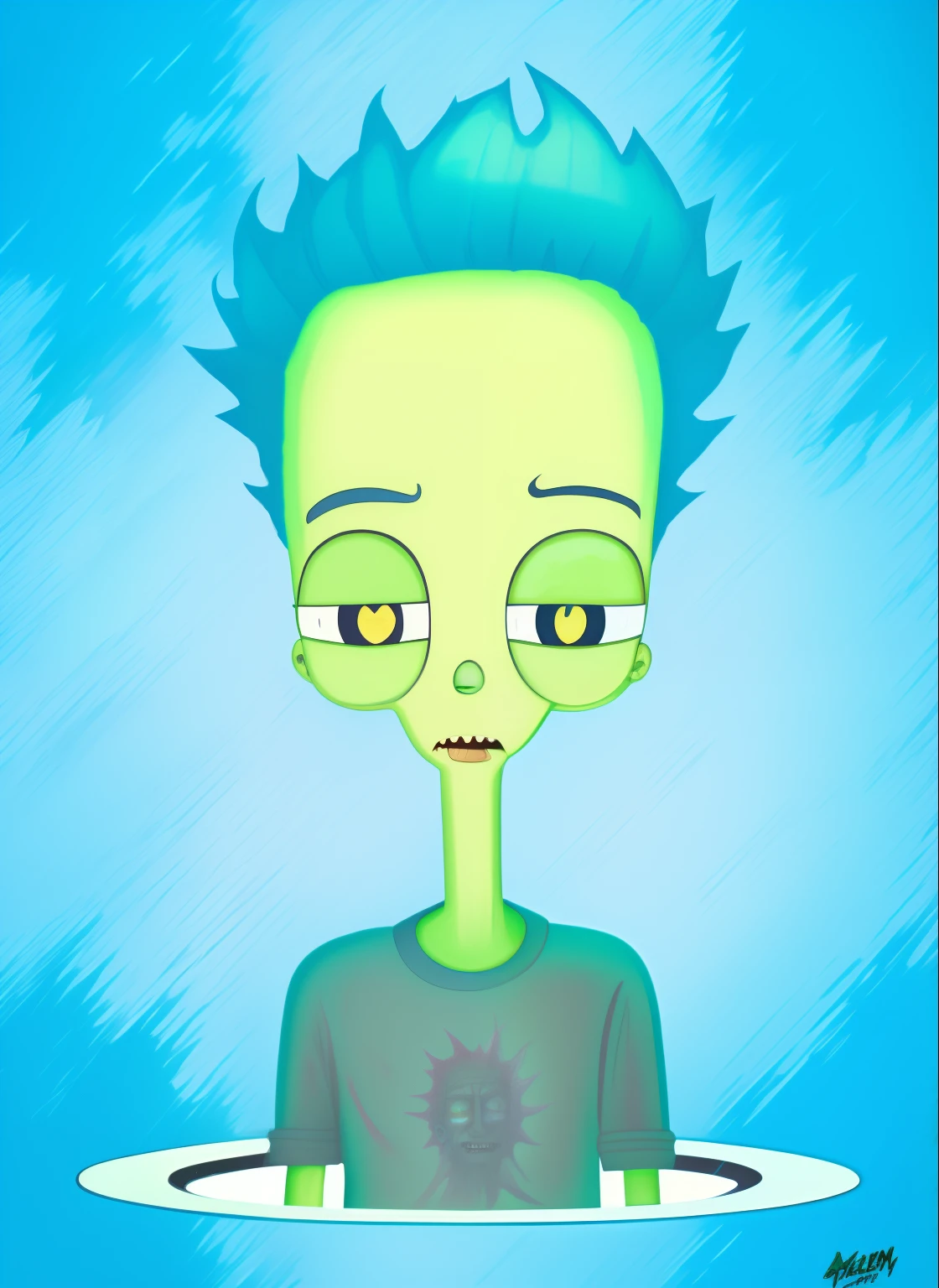 Cartoon alien with blue hair and green eyes standing in a hole, estilo rick e Morty, no estilo de arte de rick and Morty, alien portrait, Rick, Rick e Morty, Morty de Rick e Morty, Estilo de Rick & Morty, 2d illustration, 2d illustration, portrait of a space alien, arte digital!!, alien like, alien art, Portrait of an alien