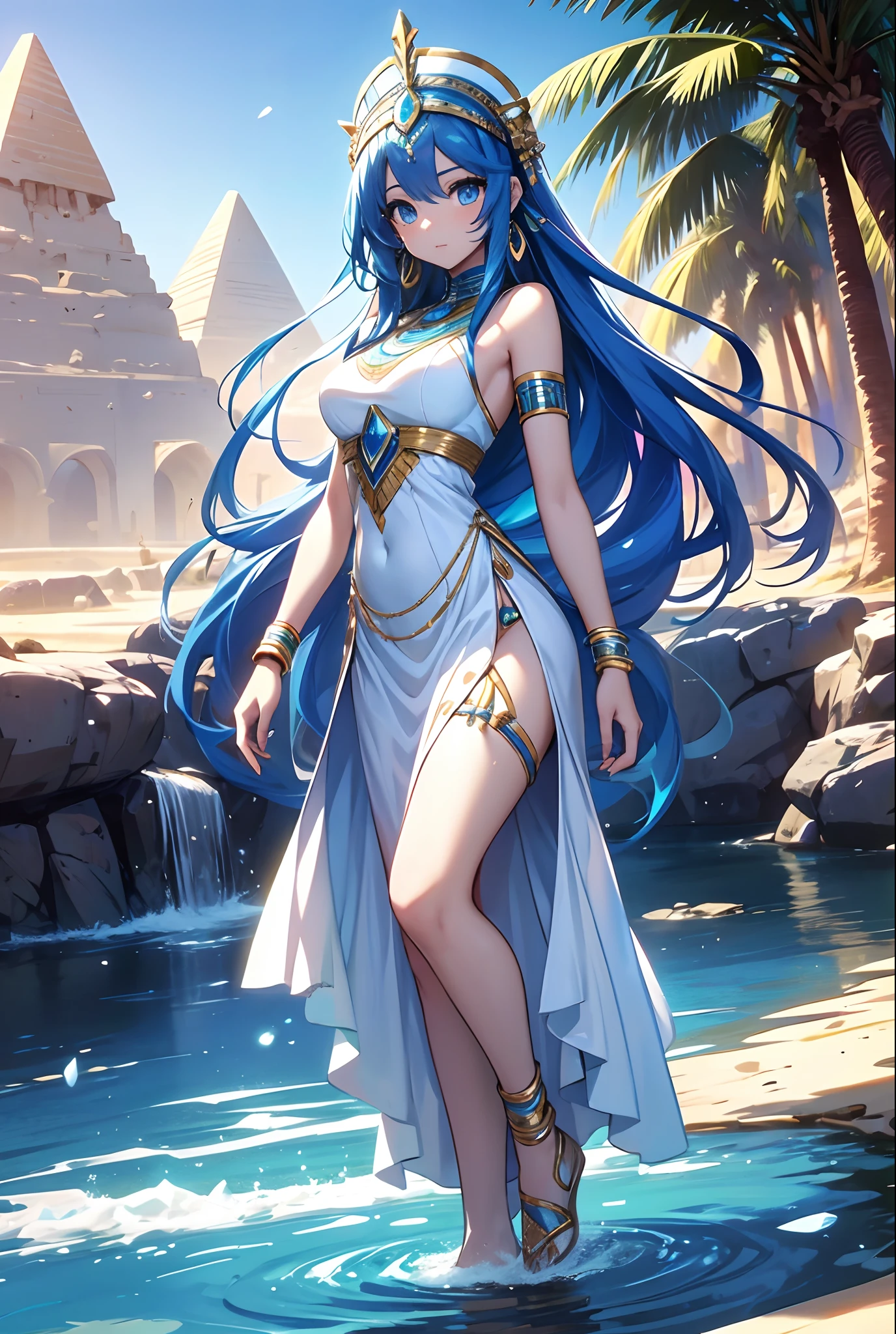 best qualityer,tmasterpiece,Ultimate resolution,downy,Extremely colorful,Colorful,Oasis background,Ancient Egyptian woman,Long azure hair,a matural female,Long white dress in Egyptian style,a white long skirt,Treading water,Desert oasis,Nile River,Normal posture