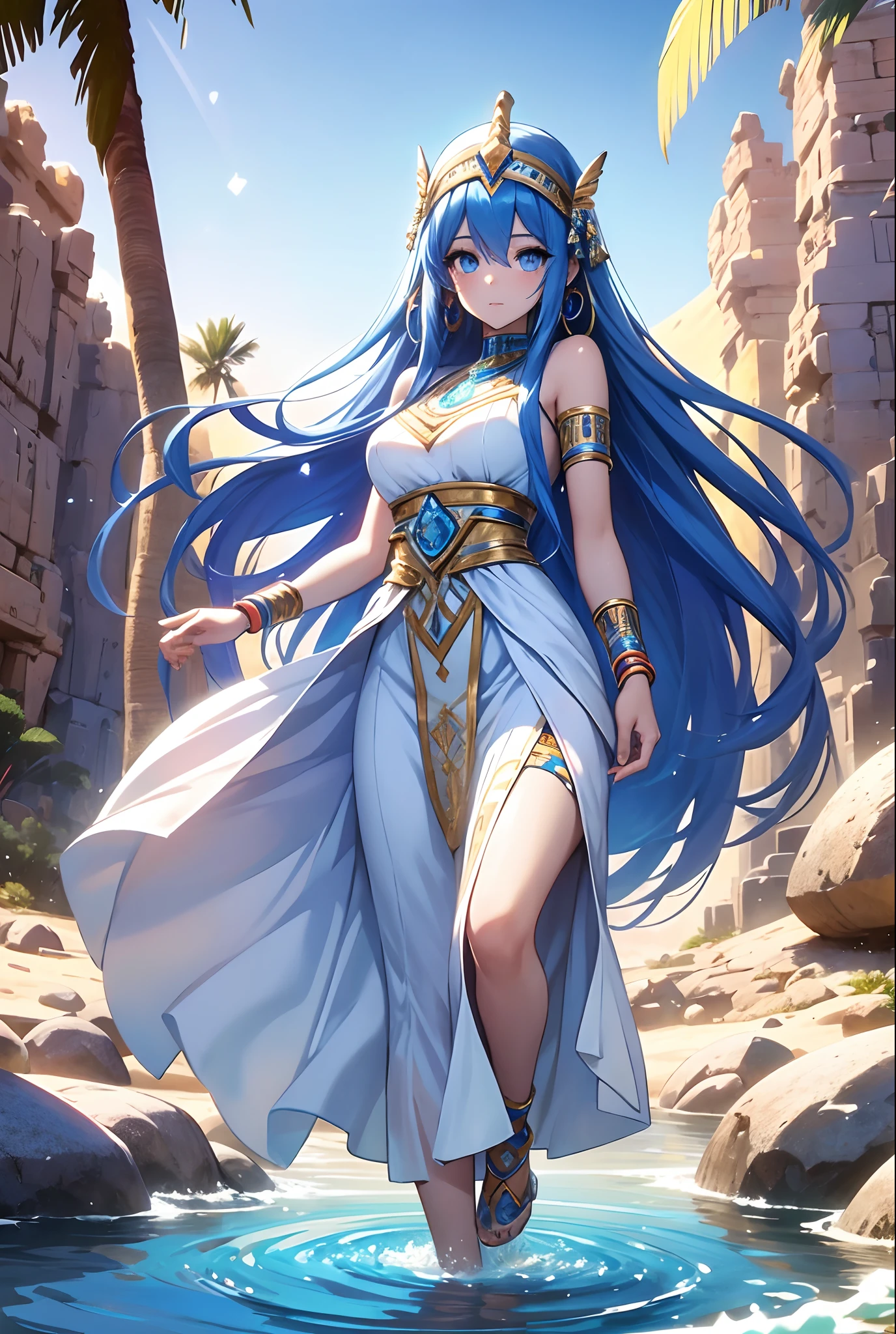 best qualityer,tmasterpiece,Ultimate resolution,downy,Extremely colorful,Colorful,Oasis background,Ancient Egyptian woman,Long azure hair,a matural female,Long white dress in Egyptian style,a white long skirt,Treading water,Desert oasis,Nile River,Normal posture