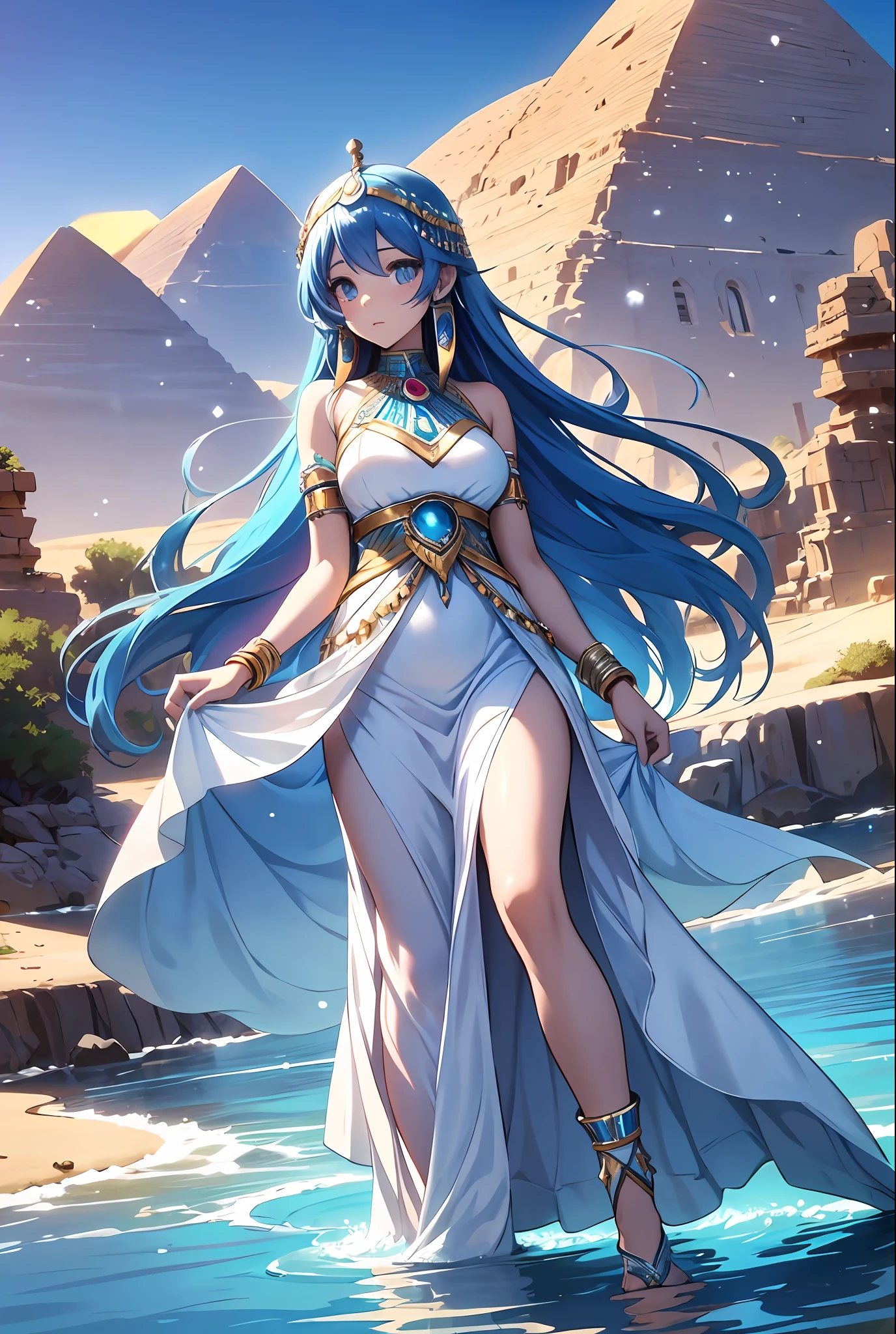 best qualityer，tmasterpiece，Ultimate resolution，downy，Extremely colorful，Colorful，Oasis background，Ancient Egyptian woman，Long azure hair，a matural female，Long white dress in Egyptian style，a white long skirt，Treading water，Desert oasis，Nile River，Normal posture
