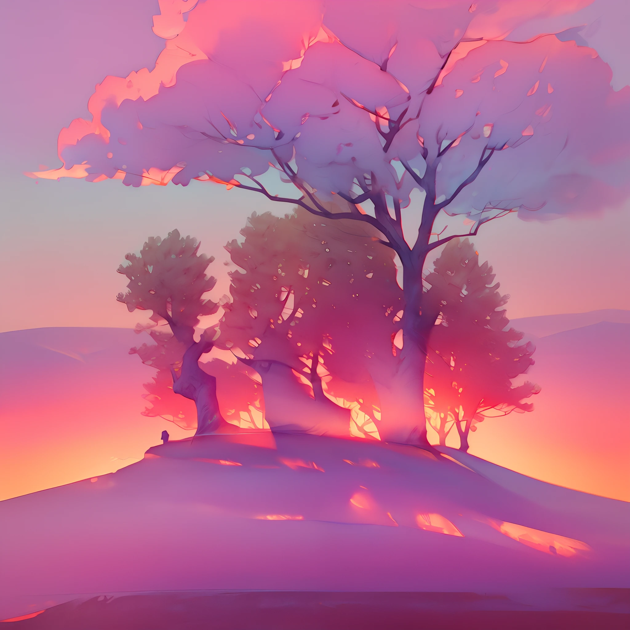 (landscape,Beautiful),Extremely detailed,lakes,Tree and sunset view,Full of beauty,gentleness,Moting Prefecture,k hd,Intoxicating.There are silhouettes of several birds in the distance，the setting sun，ink and watercolor painting，Fine detailing，The shape of the leaves，rich colours