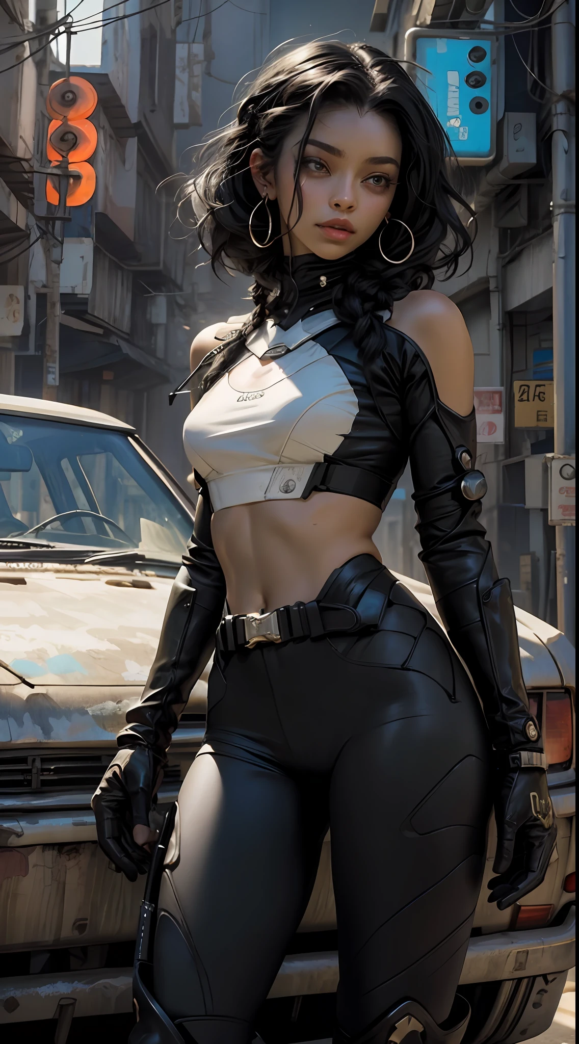 Beautiful black woman medium hair braids , usando bone , roupas curtas estilo cyberpunk