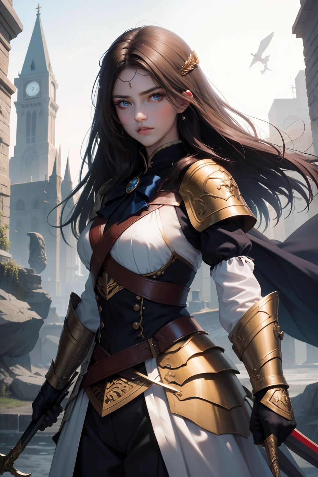 (masterpiece:1.2), (best quality:1.2), perfect eyes, perfect face, perfect lighting, (1boy:1.3), young rogue, androgynous, long hair, gorgeous, thick eyelashes, makeup, leather armor, colorful, fantasy, detailed outdoor city background