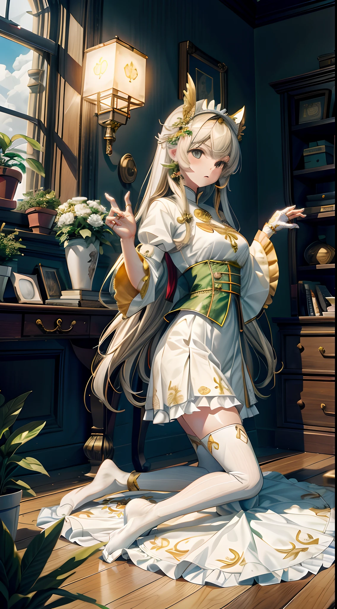 (8K,best qualtiy,tmasterpiece:1.2),(realisticlying,realisticlying:1.2),ultra - detailed,best qualtiy,超高分辨率,profesional lighting,photon maping,physically-based renderingt,the maid outfit,Wallpapers,Ray traching,(janelas:1.8),rays of sunshine:2.0,(There is a gold pattern on the skirt),whaite hair,(White calf socks:1.2)((Kneeling pose))There are potted plants under the window,(White socks transparent texture),beast ear,a white long skirt,There is a little white cat,long hair flowing,There was a lamp by the bed,Big windows,Clothes with green and gold patterns,(golden headdress),(huge tit),Face the camera,Kneeling pose