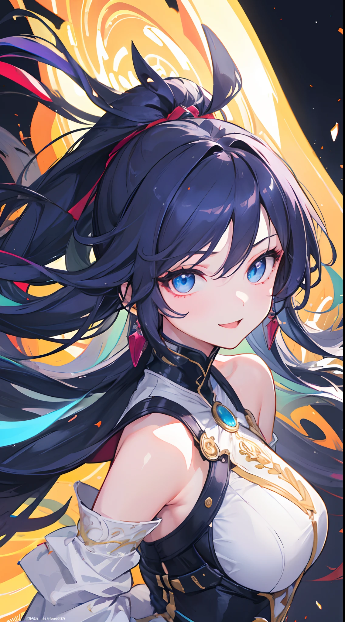 ((best quality)), ((masterpiece)), ((highres)), (best illumination, high detailed, detailed background, UHD, 16k), 1girl, solo, sharp face, seductive smile, happy, dynamic angle, long hair, floating hair, front ponytail, intense colors eyes, shining eyes, glowing eyes, eyeline, beautiful detailed eyes, detailed beautiful face, anime art wallpaper, amazing background, mystical background, high detailed background,