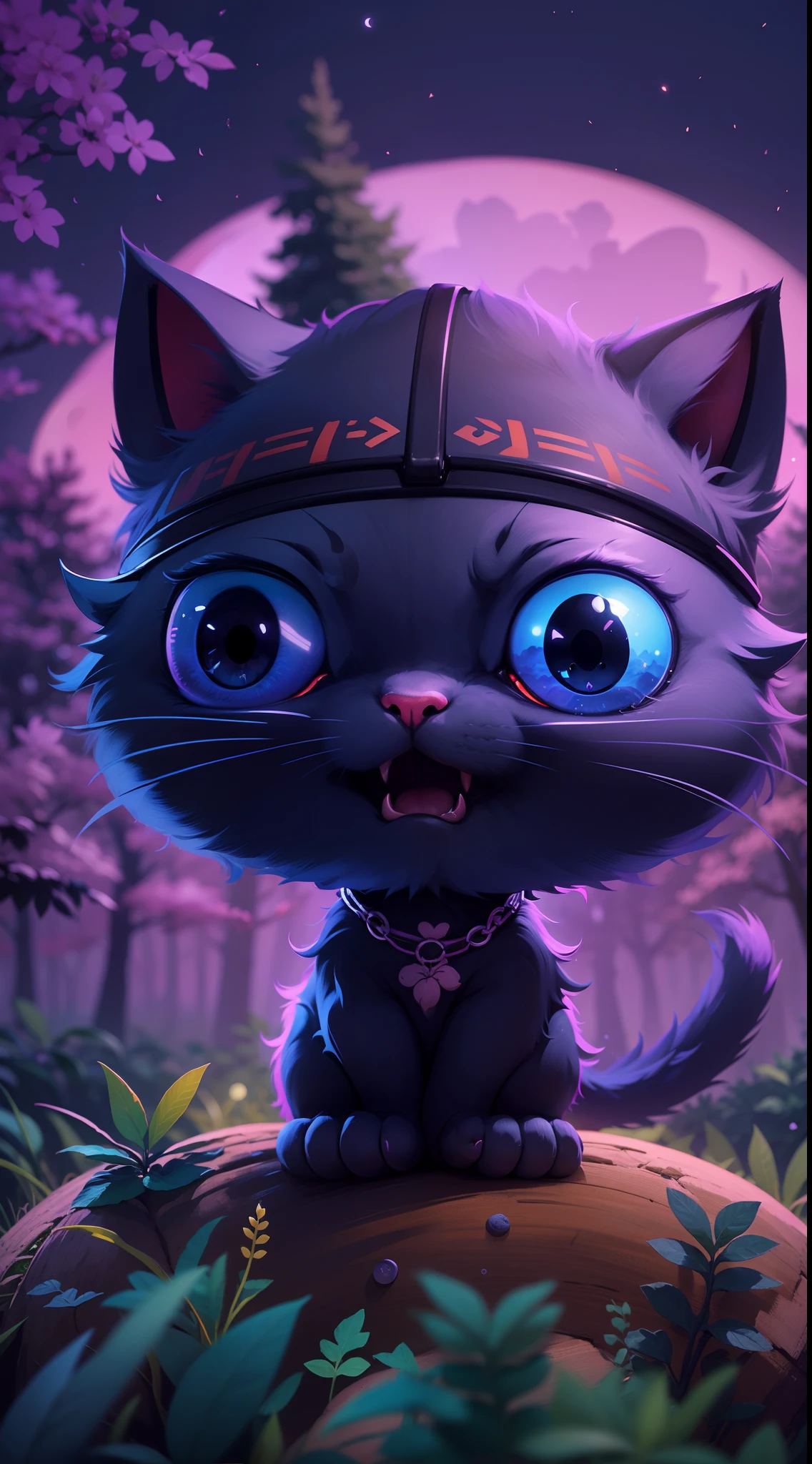 Create a vibrant dark fantasy cute ninja cat in a clean-lined minimalistic cartoon style, in the background a beautiful forest and a bright purple moon, octane render, 8k