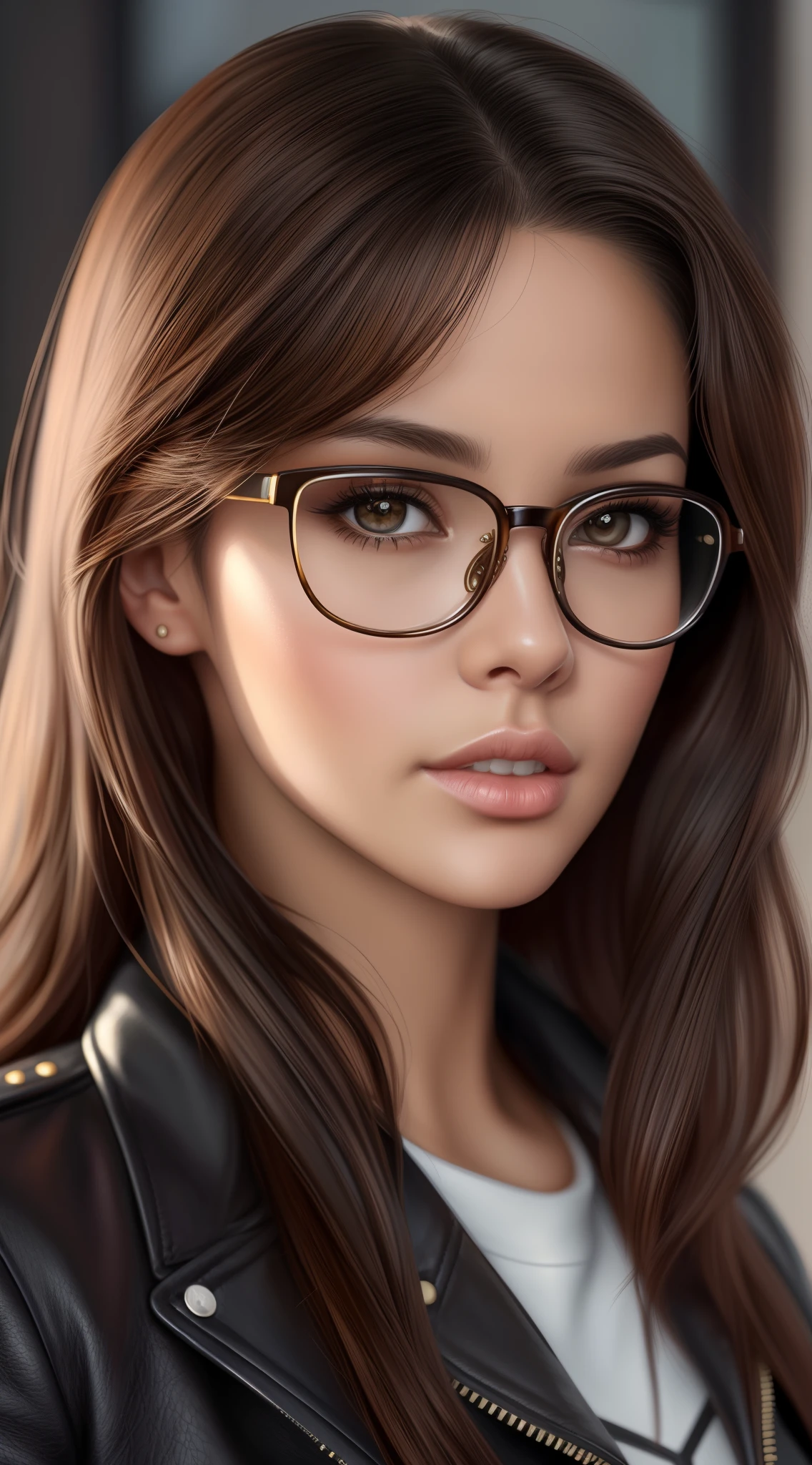 A closeup of a woman wearing glasses and a leather jacket, retrato Artgerm, Epic portrait illustration, Artgerm. High detail, in illustration style digital, Estilo de Charlie Bowater, girl with glasses, estilo Artgerm, retrato detalhado do caractere, retrato de personagem de closeup, em estilo de Artgerm, retrato da arte do personagem