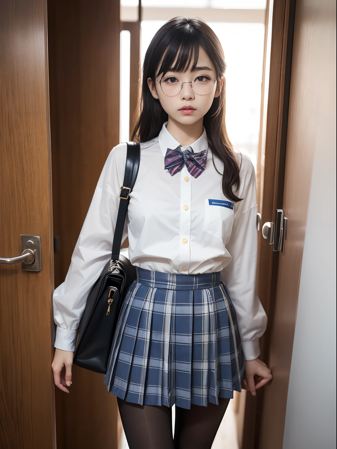 (Long ponytail),(Bra shows through and are visible),(8K、Raw photography、top-quality、masterpiece:1.2),glamor,Chromo-white skin,cocky,School,watching at viewers,Looking at the front,Muchimuchi,Erotic,Pupils,de pele branca,kne,Student Bag((Black pantyhose)),absurderes,a small face,small tits,flat breast,Parting the bangs from the middle、Forehead visible,(a cold expression,Tight eyes,glares,Bullish,skinny,Rasping,irate)、masterpiece,top-quality、超A high resolution,Raw photo,ren,Beautiful fece,One Person, 独奏,eye glass,,Dark look,Small breasts,fullllbody,Round glasses,JK school uniform,hi-school girl,A Japanese Lady,is standing,(Photorealsitic:1.37)、Photon mapping,Realistic、Beautie,Cute little face,Brown-eyed、Black socks、(Red bow tie)、Radio City、Physically Based Rendering、depth of fields、Blurry background、a picture,Body,beauty legs, Long legs, Thin leg,(Bangs are visible), hair, s lips, Blue_The eye, nosesoft,(Light blue shirt), (Navy and blue and white plaid pleated skirt), Knees are visible,Sheer clothing,, Thigh, Black cotton socks,Nogizaka Idol, 女優, Japanese ido