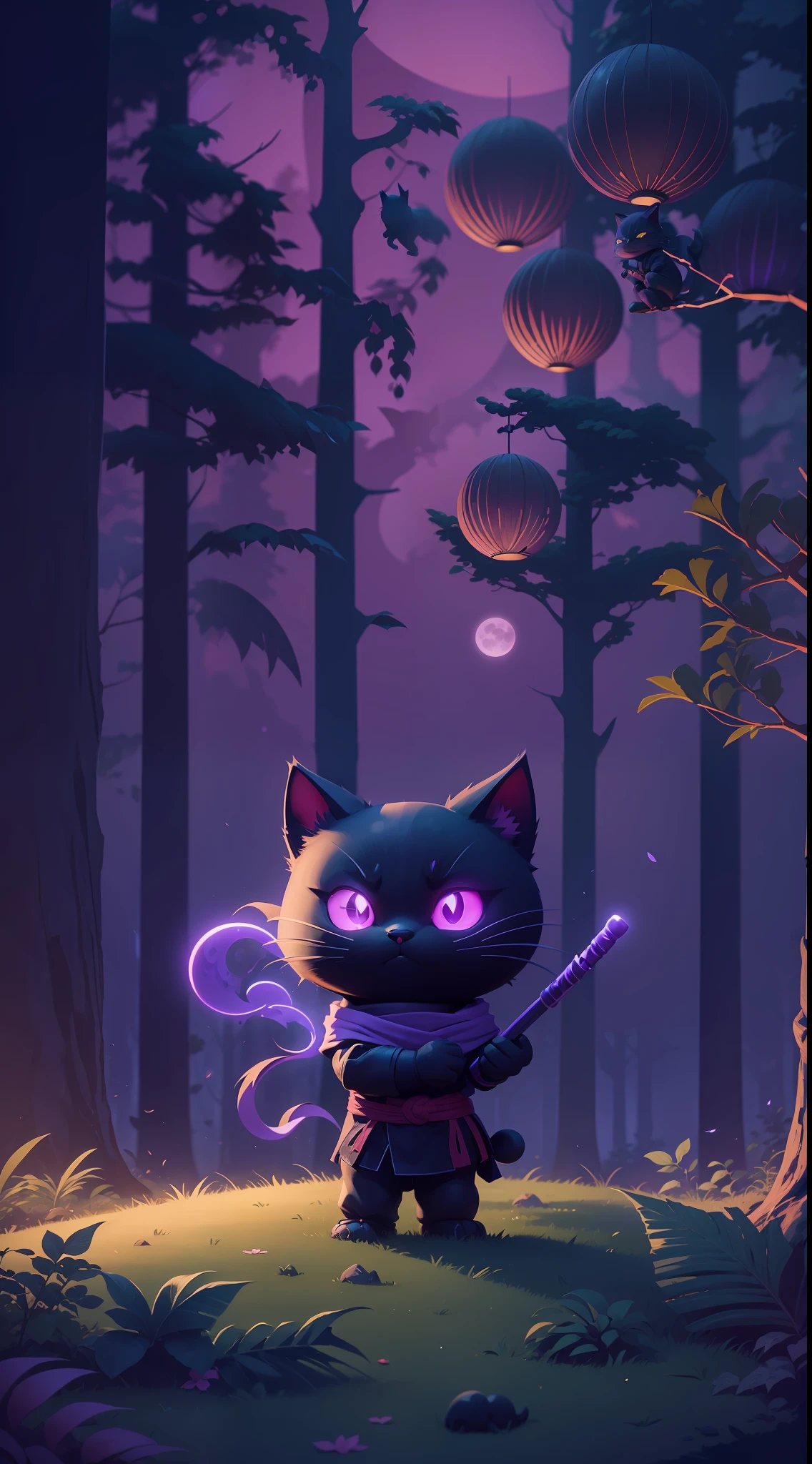 Create a vibrant dark fantasy cute ninja cat in a clean-lined minimalistic cartoon style, in the background a beautiful forest and a bright purple moon, octane render, 8k