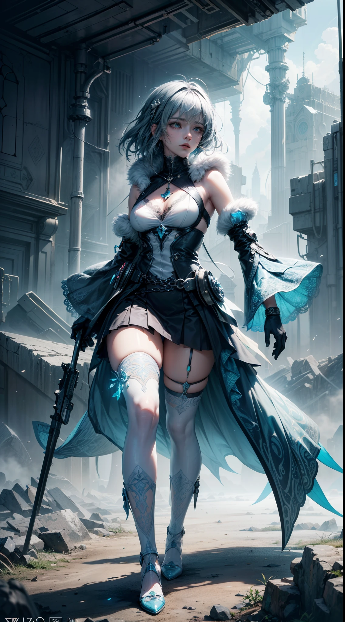 cyan futuristic fairy priestess girl in coverall armored suit (((skirt))) (((robe))) with relic pendant necklace, (layered robe), magic, ((lacy)), futurism, cyberpunk, silk, fur, (stockings), natural breasts, slim body, zettai ryouiki, ((((medium length dull hair)))), dull hair, (beautiful detailed bright light eyes), portrait, (beautiful and aesthetic:1.2, fractal art:1.4), most realistic, hyper-realistic, RAW, highest quality, best quality, Detailed, Realistic, 4k highly detailed digital art, octane render, bioluminescent, (cool_color), best pixels, 8k ultra, extremely detailed CG unity 8k wallpaper, cinematic lighting