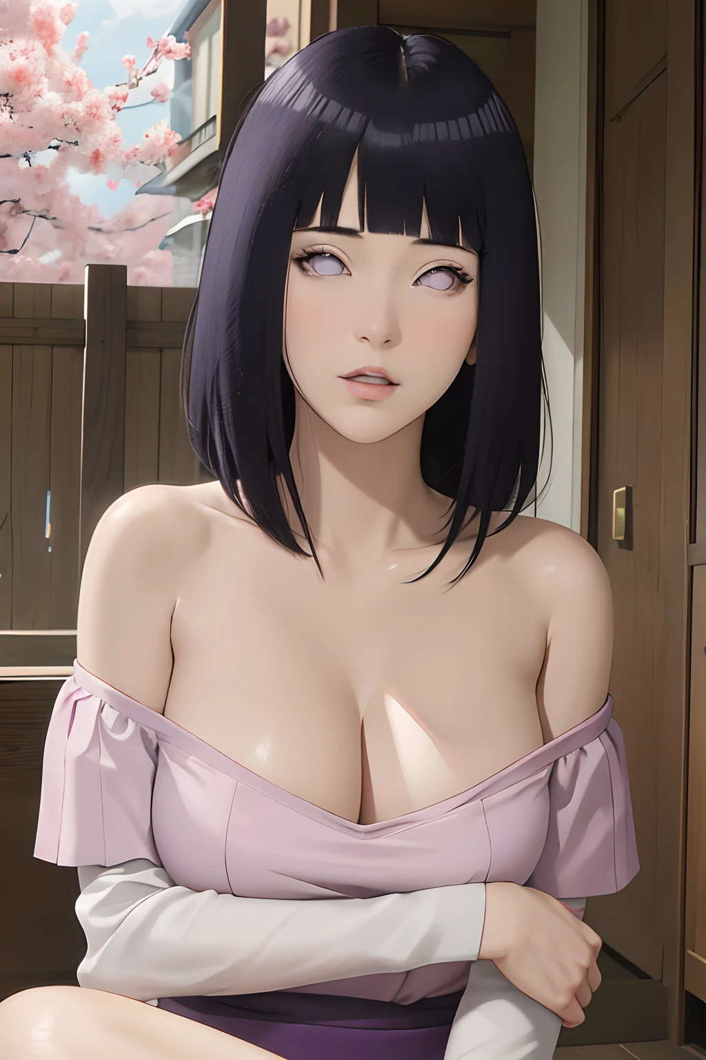 masterpiece, absurdres, hinata hyuga, 1girl, solo,mature female, off shoulder, looking at viewer, (falling petals), perfect composition, detailed lips, big breast, beautiful face, body propotion, blush, (pink lips), long hair, purple eyes, soft gaze, super realistic, detailed, photoshoot, realistic face and body, sexual expression, seductive expression,