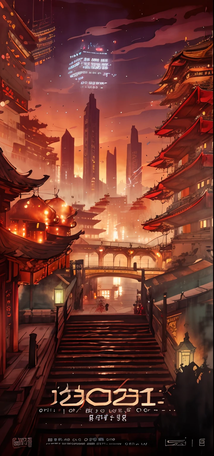 Close-up of a poster of the city with many buildings, Beautiful rendering of the Tang Dynasty, cyberpunk chinese ancient castle, cyberpunk japanese temple, traditional japanese concept art, colorful kitsune city, dreamy Chinese towns, Anime landscape concept art, Stylized urban fantasy artwork, huge futuristic temple city, ross tran. scenery background, concept art stunning atmosphere