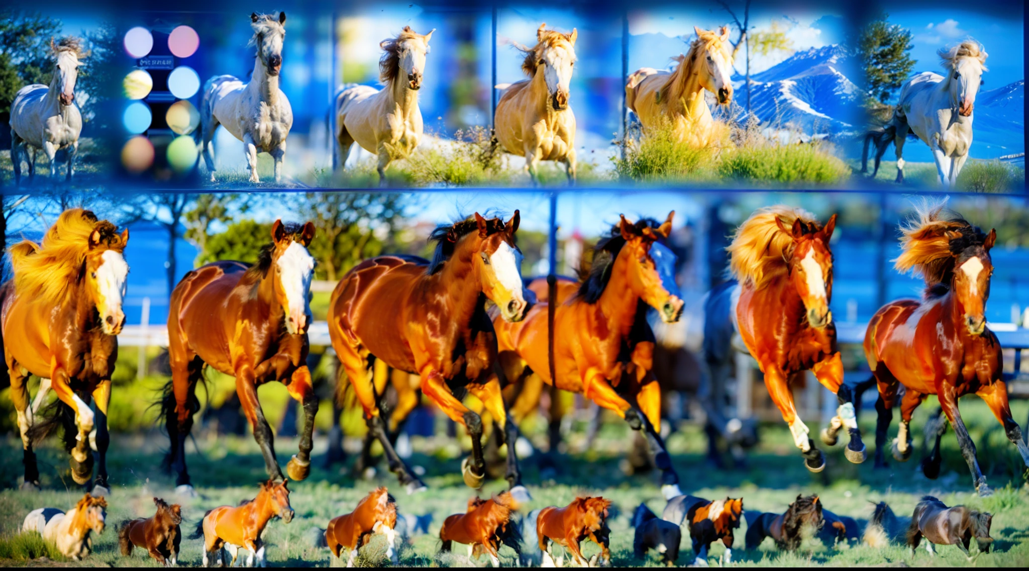 8horses,Ultra-grand scenes,super wide shot,1#cavalos,2#cavalos,3#cavalos,4#cavalos,5#cavalos,6#cavalos,7#cavalos,8#cavalos。Eight extremely special and rare horses surround each other,A large herd of horses galloped ahead,Gallop across the steppe like a clock。The vast plains of the epic scene are rich in aquatic plants,In the distance is the snow-capped summit of Mount Everest,Snow creek flows into the sea,At the other end is the magnificent giant city,The horse team entered and exited from the direction of the city gate。The first is the Light Casting Pegasus from the Supreme Heaven, which has a rainbow aperture from the Supreme Heaven,She rides between light and pure,No additional ornaments are needed to highlight her dignity and holiness,Even the sky showed her a clear sky,She has a deep enmity with the nightmare heavy ride from hell,The two never put their heads next to each other。Surrounded by sulphurous flames, the Hellmare Heavy Ride makes every time a horse's hooves fall, stepping flat grass out of the lava from the ground。The sky of the steppe is brighter because of the rainbow,And lava makes the earth deeper。The wind wings of the wind elf horse let its position be erratic,She carries a cyan aperture lightly and always can't help but tease the mechanical horse。The mechanical horse is full of mecha beauty,The shoulder back position always reveals delicate mechanical fittings,Four kicks with a hydraulic pump and electromagnetic ejection device。Unicorns want to steal all the horses' limelight with their pure and flawless beauty,Her unicorn flashed with the power of thunder。But on the side, the fairy dragon horse is comparing with it,The fairy dragon is full of small stars shining with magical brilliance。Their unique elven-patterned armor and colorful saddles make them the most stylish horses。The female knight is charging on her knightly warhorse,Her lofty ideals made her will unstoppable,There is no doubt that she is the protagonist of this picture。And a chaotic