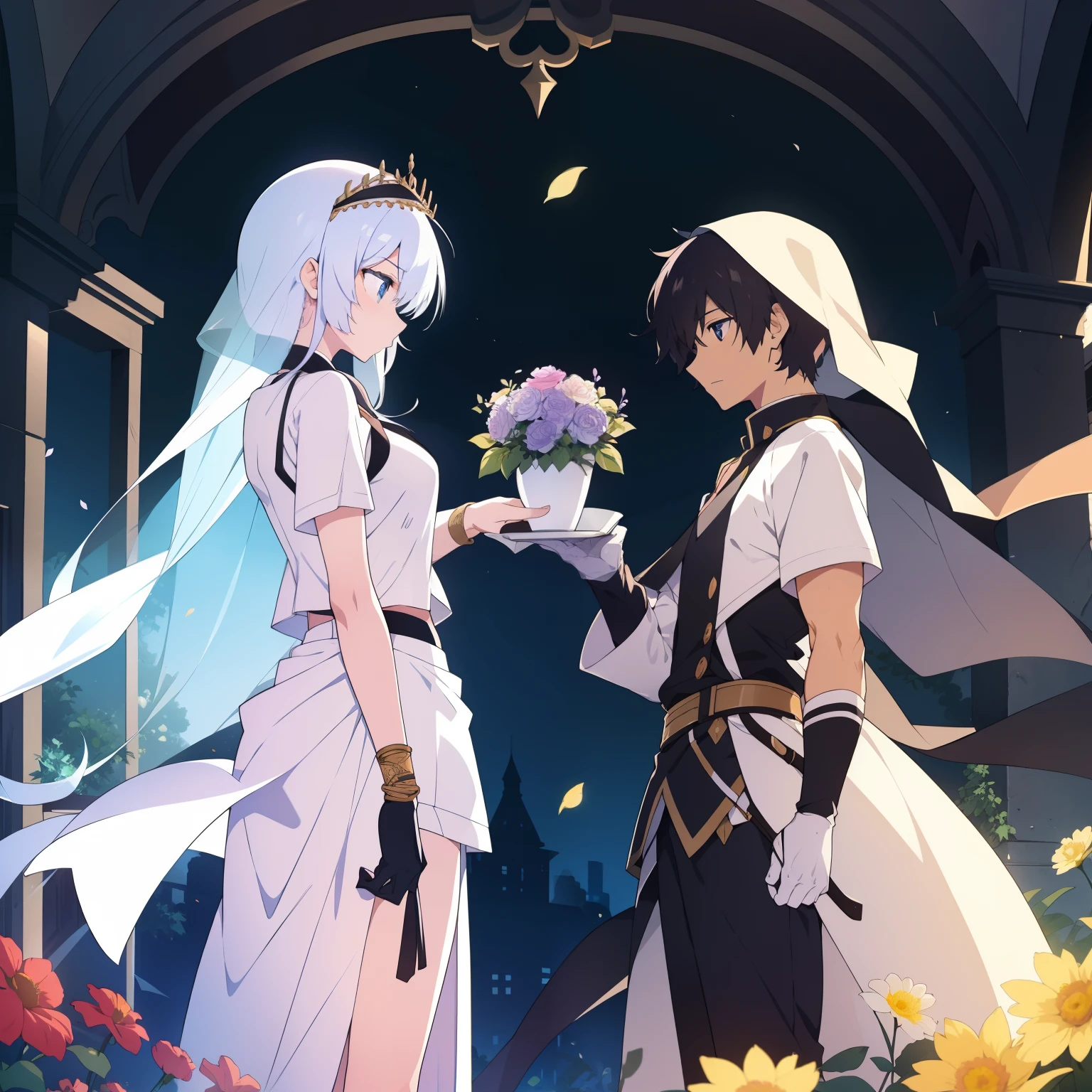 (2 people) (I am escorted by the servant, wearing plain clothes and a veil) (Background: a garden with flowers)