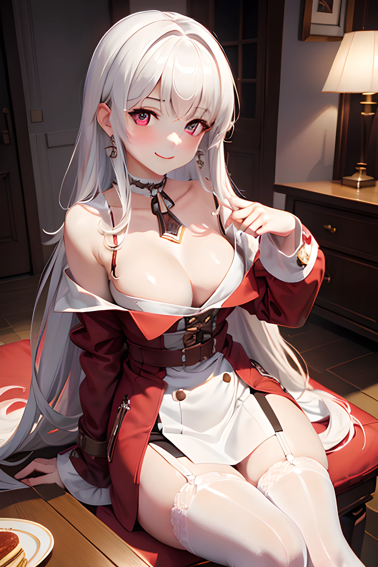 tmasterpiece,k hd,good quality, 1girll, Extremely detailed,High-end living room,Sit on the coffee table, Extremely delicate big eyes, Honkai,klara with huge breasts,Lori huge breasts cleavage,(Small breasts, Silvery-white hair。choker necklace,Earrings, Drill hair,White stockings with lace,Small leather shoes,angle of view,Light red blouse,Pay attention to arm details, Finger details, Shy, Smiling, Blushing, Perfect hands, Depth of field