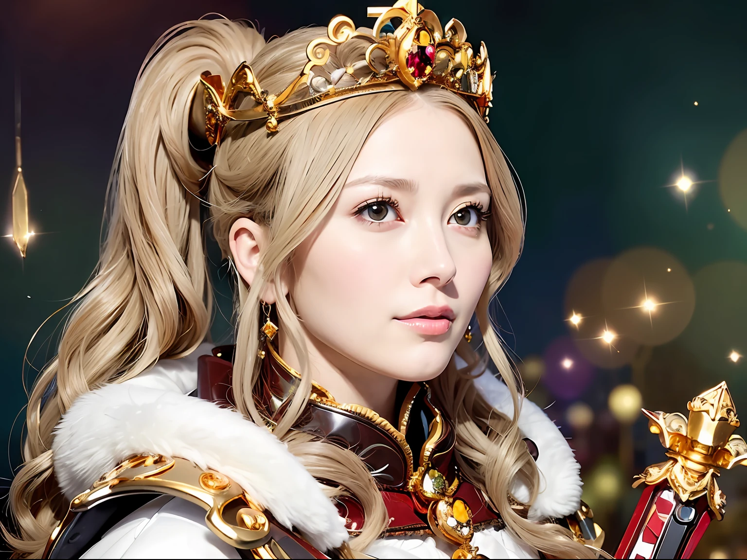 (masutepiece), Professional , ​masterpiece、top-quality、photos realistic , depth of fields （Gemstone Silver Metal Body:1.９),(Matte White、Jewel Gold Weapon、（Gorgeous castle background）、（Jewel Metal Body:1.４),Gorgeous Jewel Metal Weapons , Detailed Sword of the Brave ,（ Soldier background in metal armor）   ,warhammer 40k , adepta sororitas,Detail and ornate jewel crown、独奏、Brown hair、（Gangle's forest background）、Beautiful Caucasian beauty、１a person、dynamic ungle,(((Diamond tiara with detail and luxury)))、a small face、A smile、Powerful poses、（Gorgeous castle background）、huge filesize、20 year old beautiful woman、Stand in the center of the screen、Thin female fingers、Straight long hair、